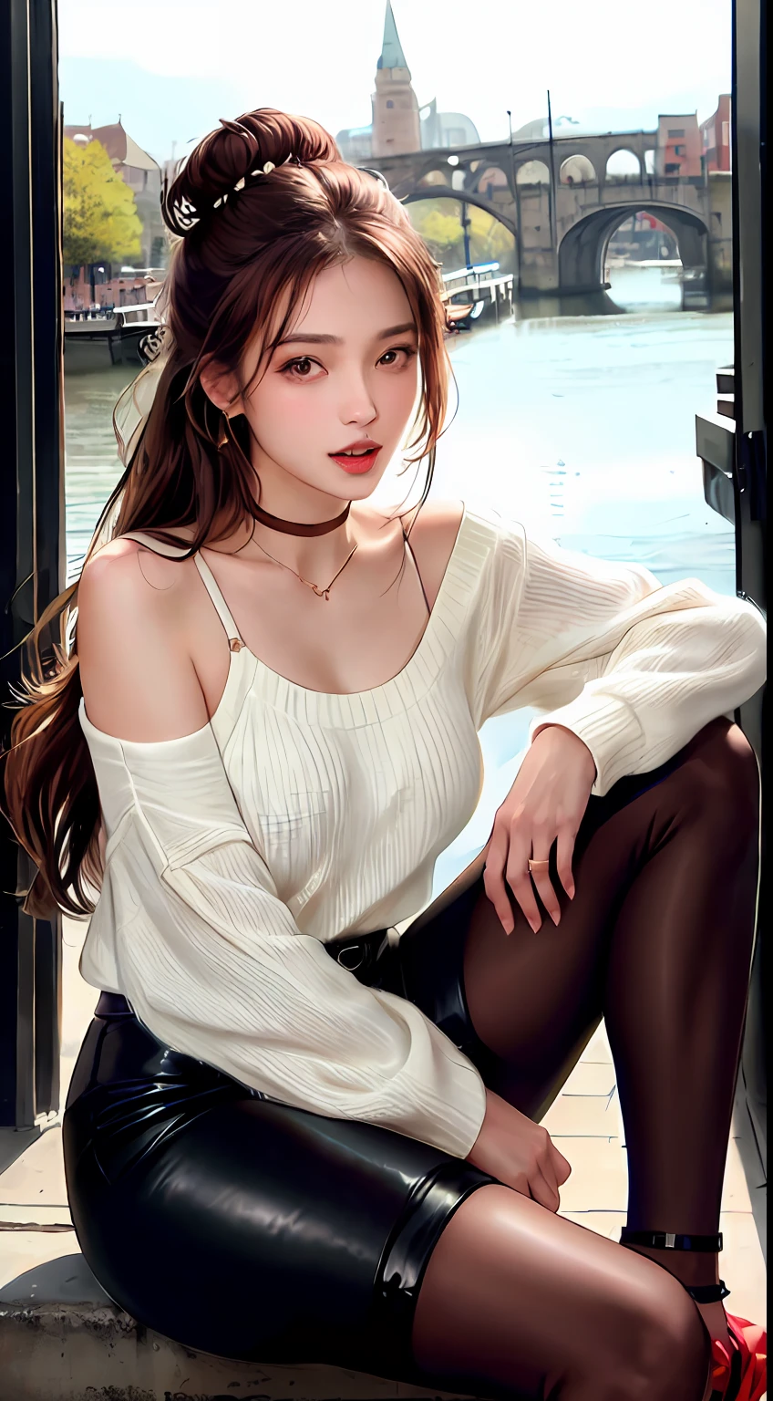 1girl, Stunningly Beautiful Girl, on side , large , narrow build , open clothes, Bobby Pins , Round Neck Sweater , spiked bracelet, Wrist Corsage, over-kneehighs, Leggings, Knee-High Gladiator Sandals, Long shaped face, dark red eyes, Bronze sock bun, absurdly long hair, odango hair, brown metallic lipstick, canal , flustered, :d, (natural skin texture, hyperrealism, soft light, sharp), most beautiful artwork in the world, absurdres, highly detailed, high quality,