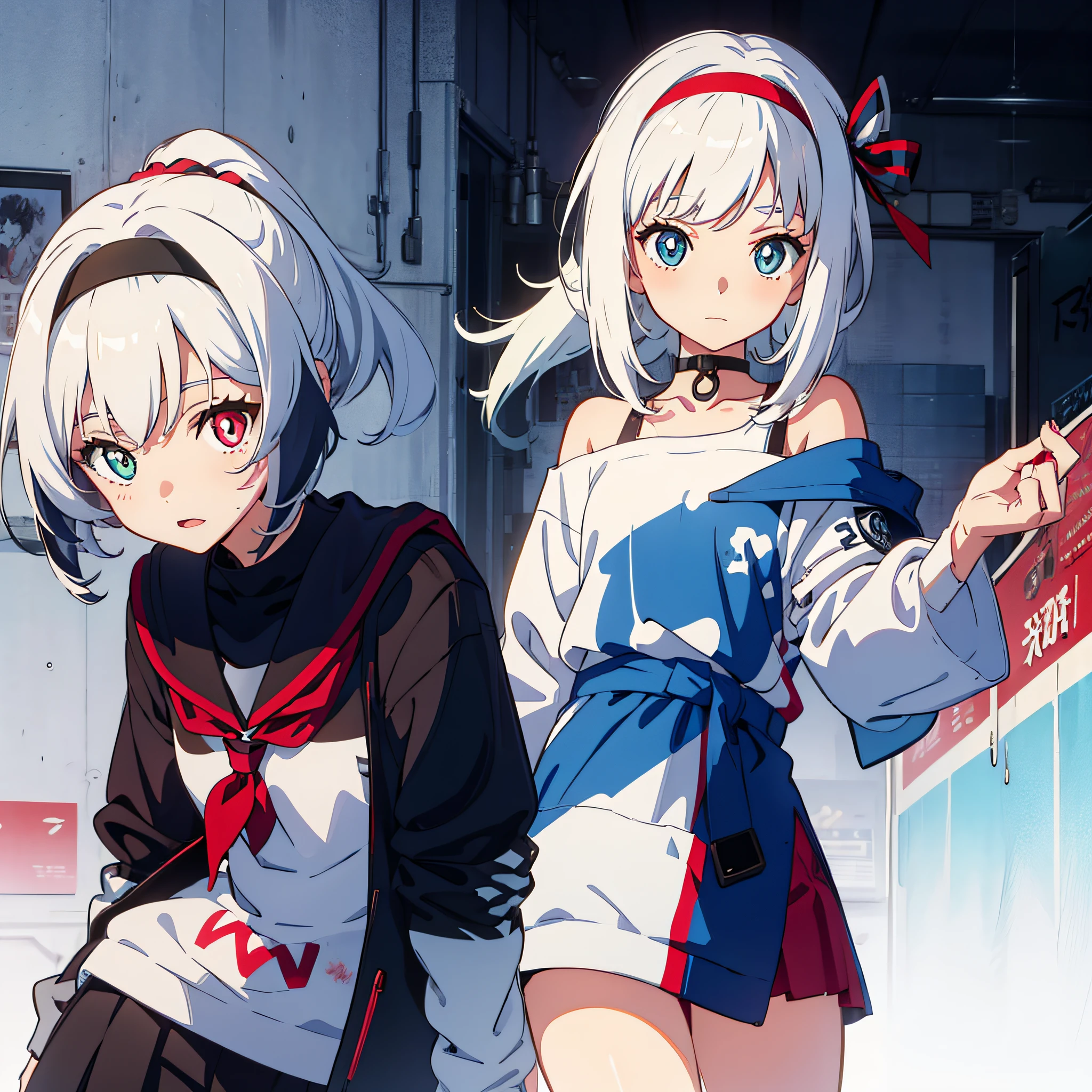 Anime characters with white hair and blue eyes, anime visual of a cute girl, Anime moe art style,Girl with short white hair, Shoujo white hair young anime girl, official character art,Sweatshirt school uniform,teens girl,White color hair,red hairband,Heterochromic pupils,tilts your head,face expressionless,underage,flatchest,apathy,Short ponytail