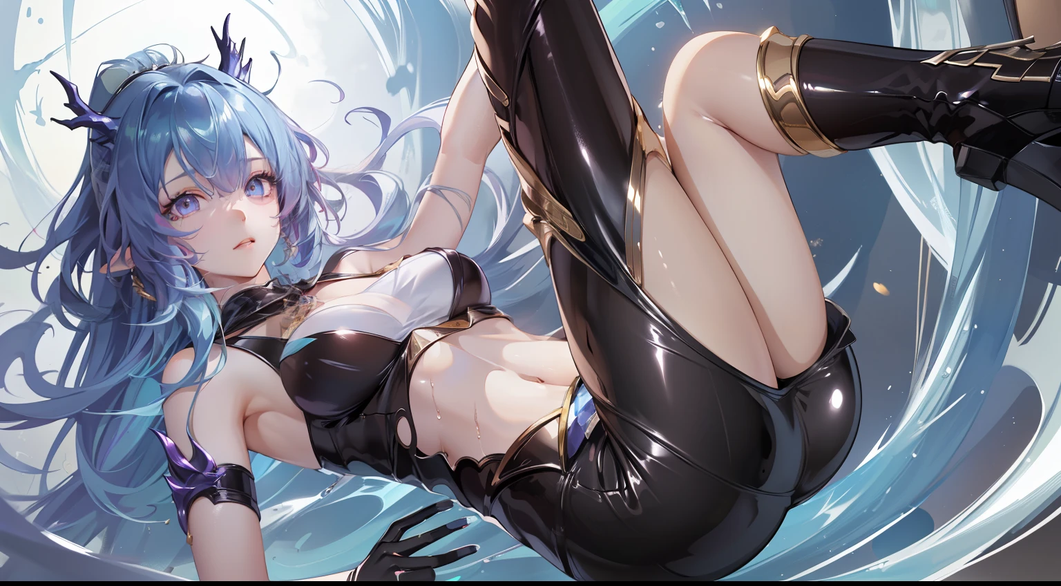 (Lie on your front,full body:1.2), (floating and spread hair:1.2), (detailed and delicate and flexible eyes),(1girl,:1.3), (corrpution,origen,cowboyshot :1.15), kda, fov,f/1.8, front portrait shot, side lighting, sunlight on people (masterpiece, best quality, Ultra Detail, wallpaper, detailed shiny skin, flawless, 8k, RAW, highres,absurdres,:1.3), (detailed super oily shiny skin:1.1),[wet:0.8|mucus], colorful, power scene,(imid shot:0.95), Dynamic angle