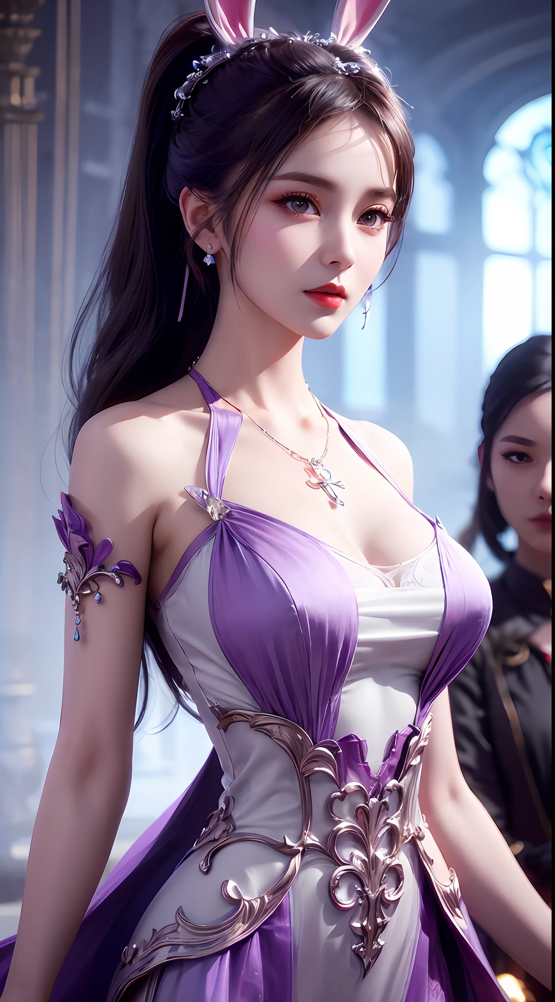 1 beautiful girl in Han costume, thin purple silk shirt with white color with many textures, white lace top, long platinum purple ponytail, hair jewelry, ear jewelry, light purple rabbit ears, necklace and necklace, meticulously drawn large purple eyes, meticulous makeup, thin eyebrows, high nose, lovely red lips, not smiling, pursed lips, rosy cheeks, wide breasts, big breasts , well-proportioned bust, slim waist, purple mesh socks, chinese hanfu style, fictitious art textures, vivid and realistic colors, RAW photos, realistic photos, ultra high quality 8k surreal photos, (effective fantasy light effect: 1.8), 10x pixel, magic effect (background): 1.8), super detailed eyes, girl body portrait, solo girl, ancient hanfu background,