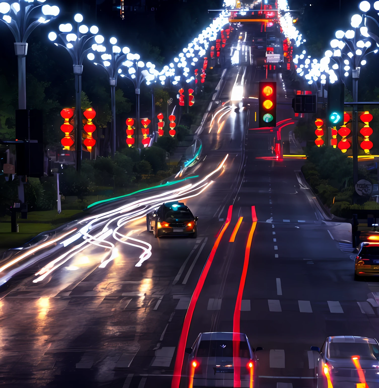 Cars driving on the streets，There are traffic lights on both sides, traffic with light trails, street city night, light traces, in city street at night, Light trail, vibrant lights, city street lights, long exposure shot, city led lights, hd photography street, busy wet street at night, long exposure outside the city, street night, Street at night, Night Street --auto