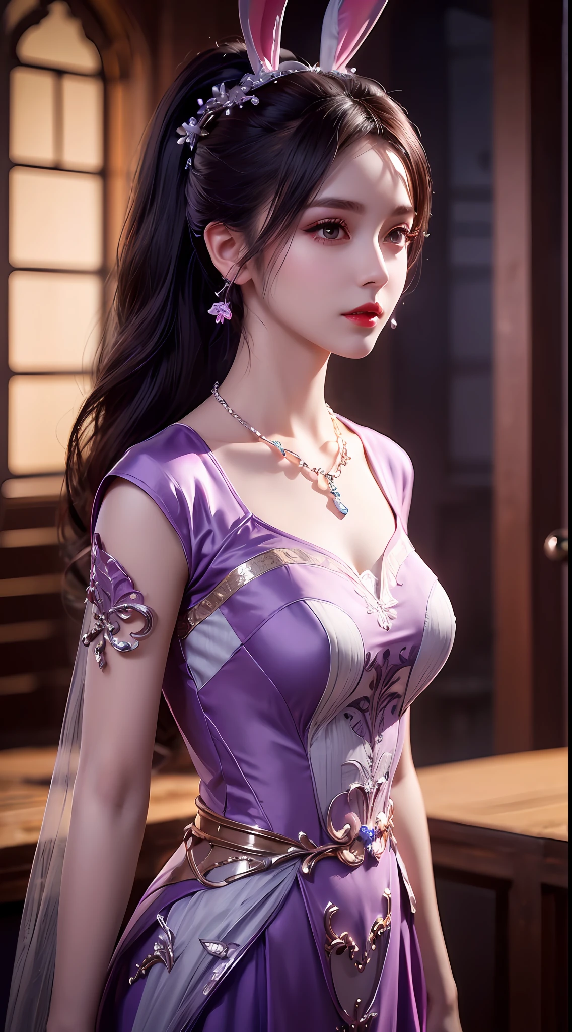 1 beautiful girl in Han costume, thin purple silk shirt with white color with many textures, white lace top, long platinum purple ponytail, hair jewelry, ear jewelry, light purple rabbit ears, necklace and necklace, meticulously drawn large purple eyes, meticulous makeup, thin eyebrows, high nose, lovely red lips, not smiling, pursed lips, rosy cheeks, wide breasts, big breasts , well-proportioned bust, slim waist, purple mesh socks, chinese hanfu style, fictitious art textures, vivid and realistic colors, RAW photos, realistic photos, ultra high quality 8k surreal photos, (effective fantasy light effect: 1.8), 10x pixel, magic effect (background): 1.8), super detailed eyes, girl body portrait, solo girl, ancient hanfu background,