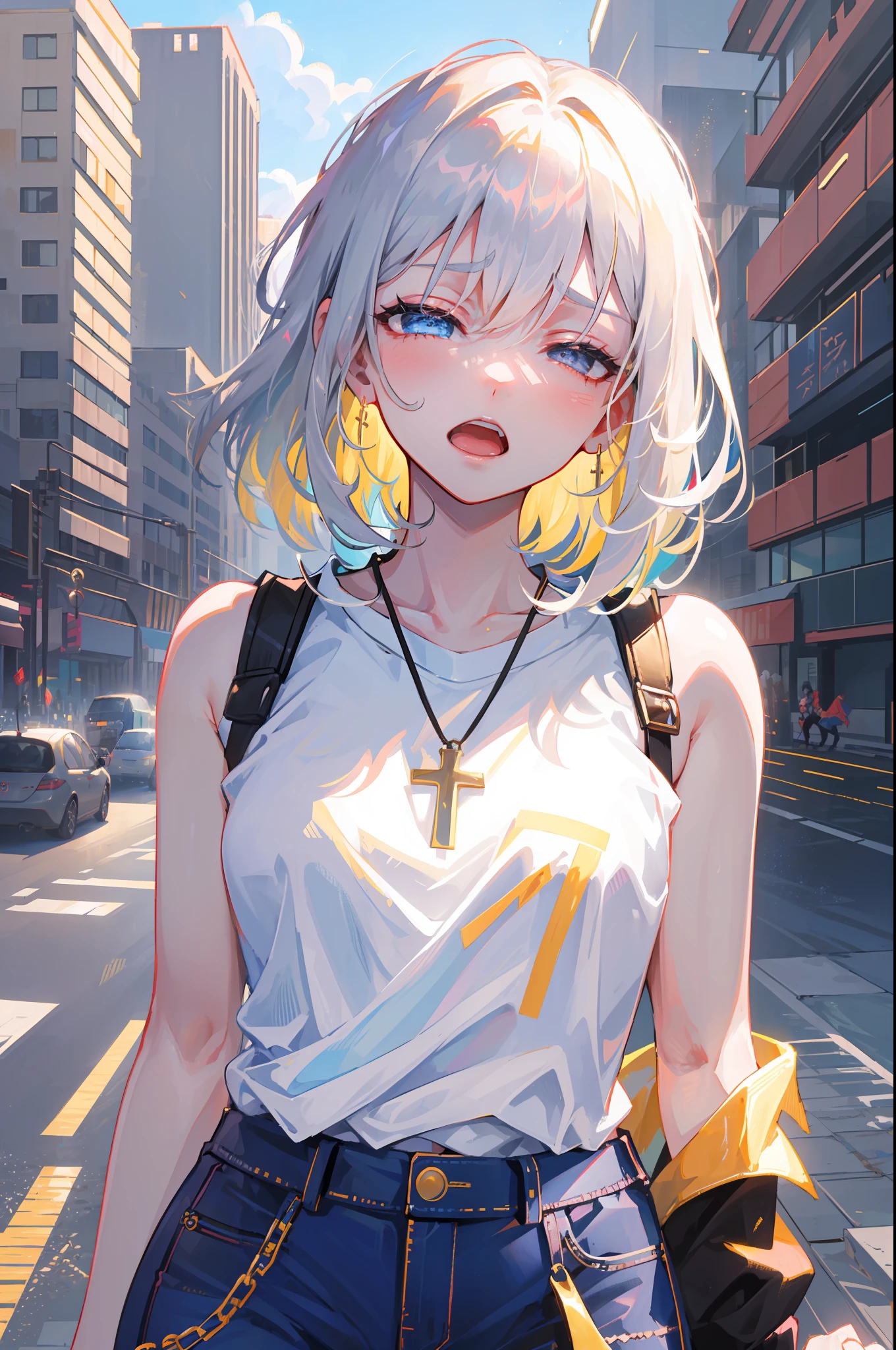 巨作, Best quality, 巨作,Best quality,offcial art,Extremely fine CG uni crewneck y 8k wallpaper, Golden hour lighting, strong rimlight, intense shading, at cyberpunk city, art book,, White hair,  Blue eyes, Small breasts, Sleeveless shirt, shorter pants, kneehighs, jitome, Semi-closed Eyes, :crewneck, ((medium hair)),hair between eye,（A look of disdain），（Gradient hair）,dyed bangs,Cross necklace，hand on hips,Leaning forward,Open mouth,Naughty face,Thin,a little angry,