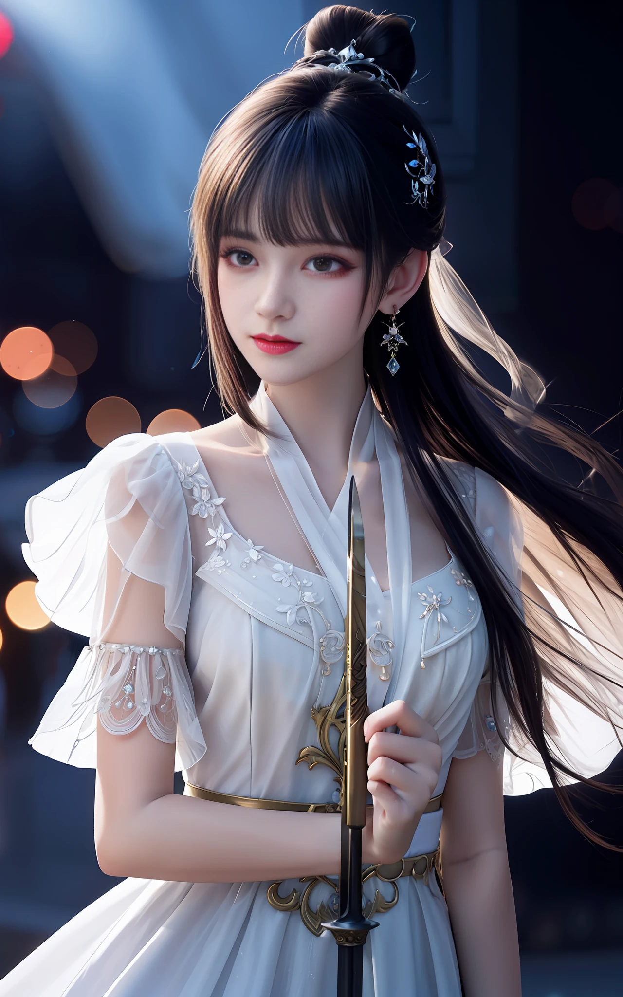 best quality,masterpiece,highres,cg,
1girl,weapon,sword,long hair,dress,water,solo,jewelry,white dress,earrings,hair ornament,splashing,upper body,hair bun,black hair,
lighting,candid,Photograph,high resolution,4k,8k,Bokeh,