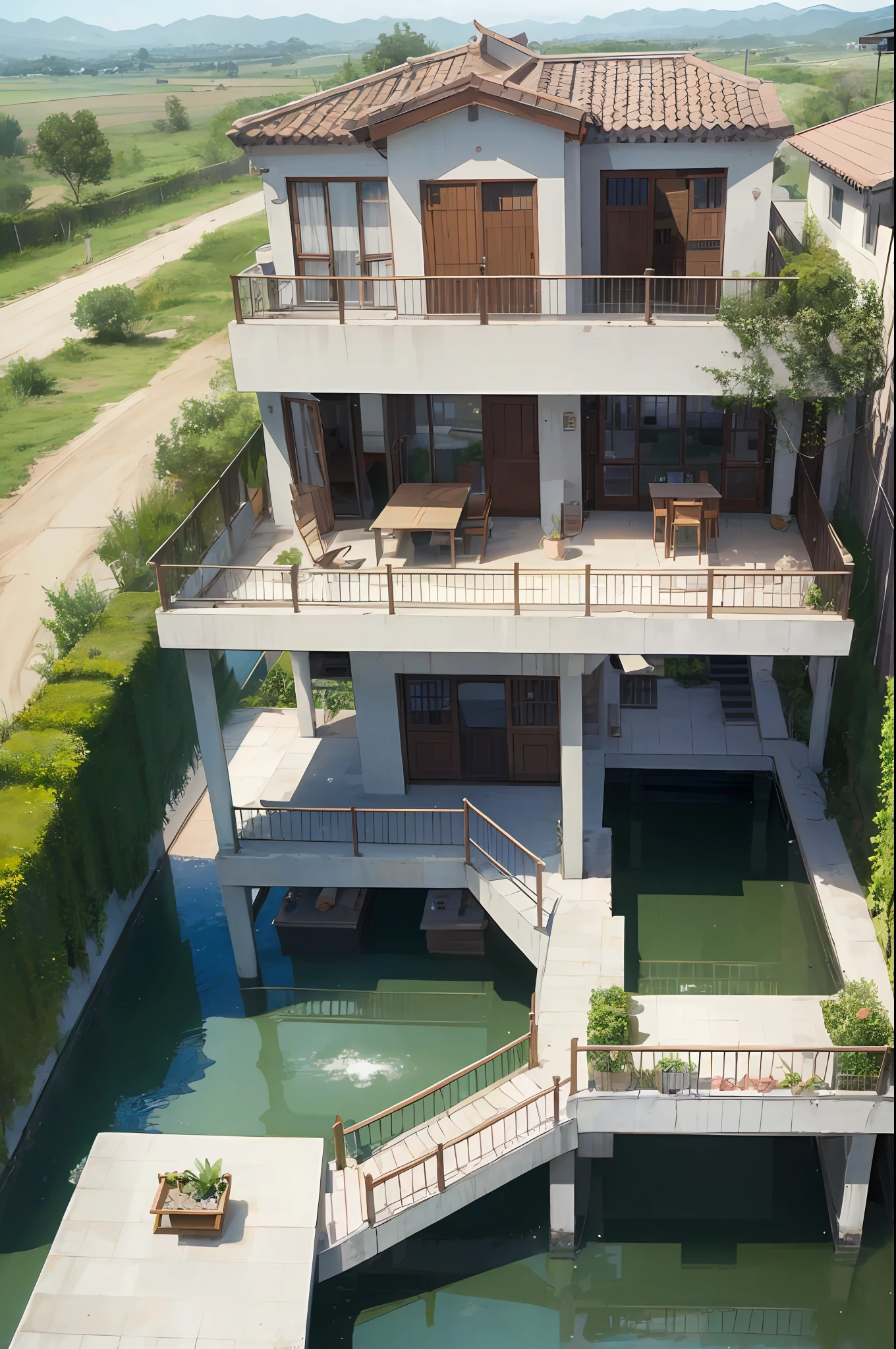 Three storey building，zona rural，pools of water，Large patio，wall，Semi-top view，tmasterpiece，Best quality at best --auto