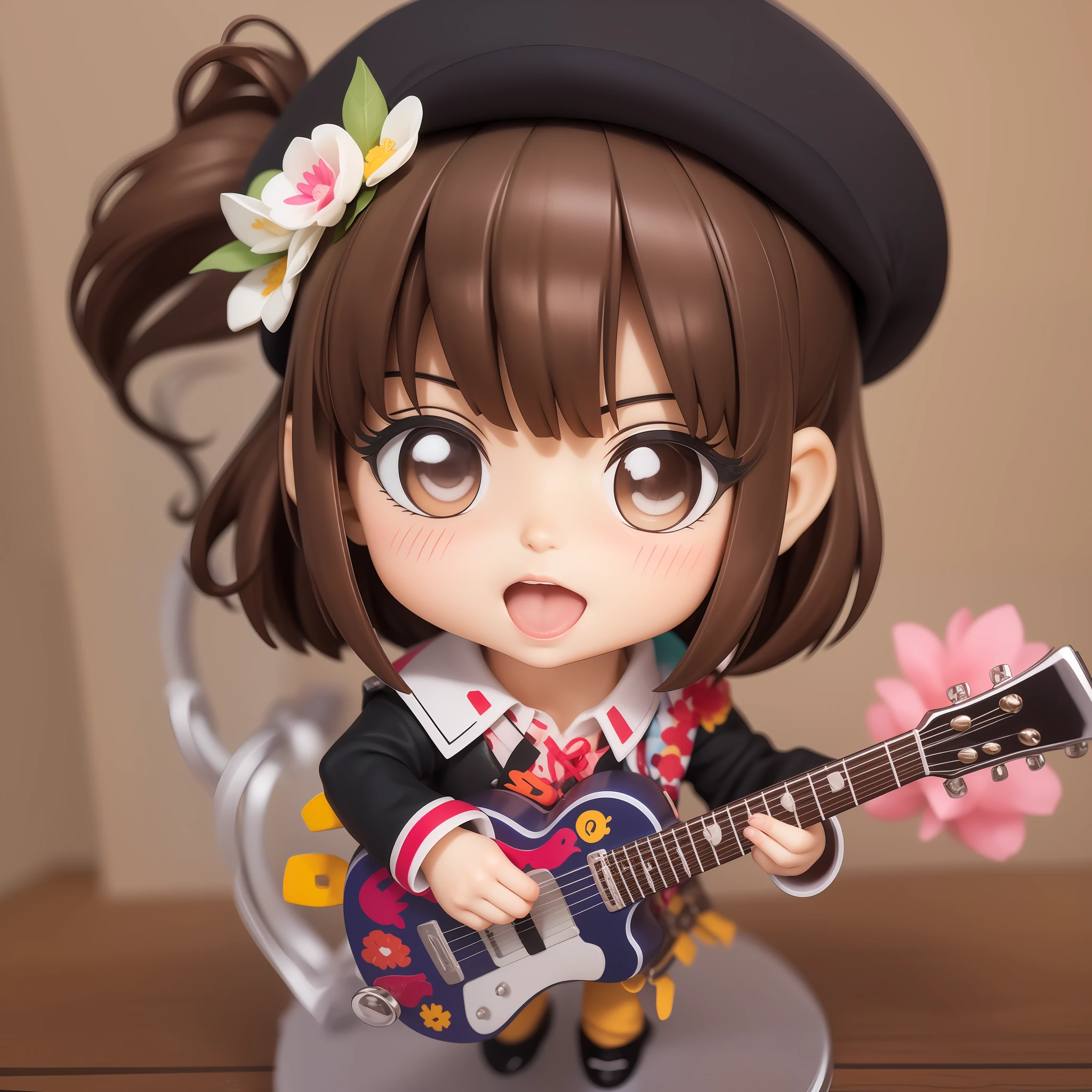 (((Figures,The picture is centered on the character,Super cute girl full body 3D drawing,adolable,Pop Mart Blind Box))),(Super meticulous),(full bodyesbian:1.2),1girl,tchibi,adolable,ssmile,Open-mouthed,florals,exteriors,plays the guitar,Music,beret,Hold the guitar,Manteau,Blushlush,The tree,:3,The shirt,short detailed hair,SakuraNS,green headwear,Blurred,A brown-haired,Blush stickers,longer sleeves,By bangs,Earphone,brunette color hair,pinkflower,(beautiful detailed face),(美丽细致的眼睛)