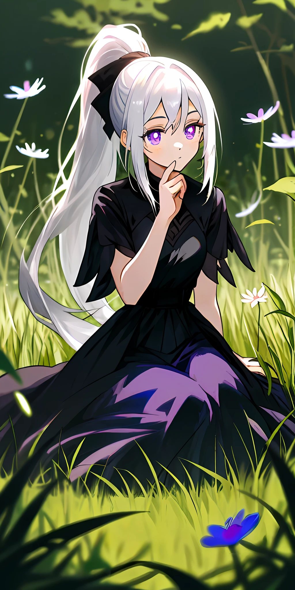 (tmasterpiece,best qualtiy),1 long girl with white hair with high ponytail sitting in a field of greenery and flowers,her hand under her chin,warmly lit,black color dress,Blurred foreground,Purple pupil phoenix eyes。