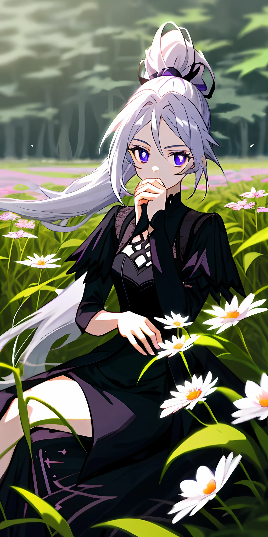(tmasterpiece,best qualtiy),1 long girl with white hair with high ponytail sitting in a field of greenery and flowers,her hand under her chin,warmly lit,black color dress,Blurred foreground,Purple pupil phoenix eyes。
