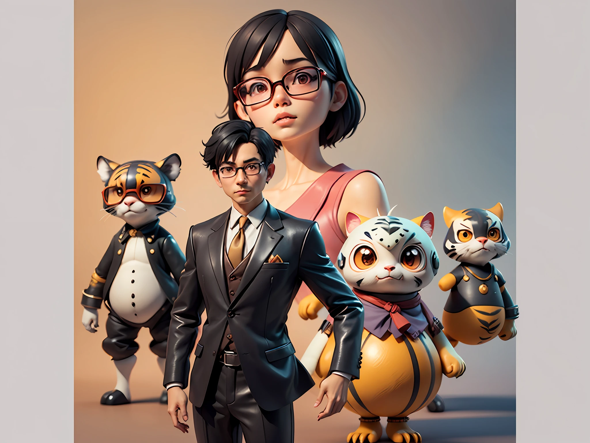 Young man with oriental face in leather hat, tiger, oriental face in formal suit, short black hair, silver glasses, digital painting, 3D character design by Mark Clairedon and Pixar and Hayao Miyazaki and Akira Toriyama, the illustration is a high-definition illustration in 4K resolution with very detailed facial features and cartoon-style visuals.