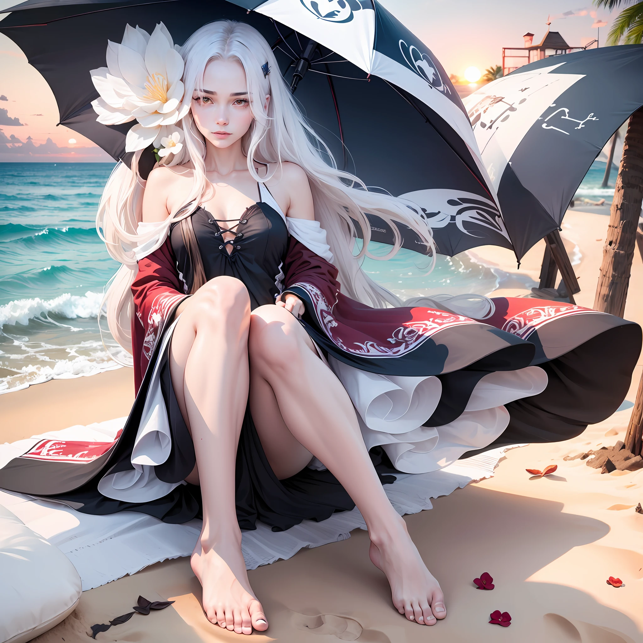 White hair and red eyes，Barefoot in red，Young woman white sunset umbrella，sandbeach --auto