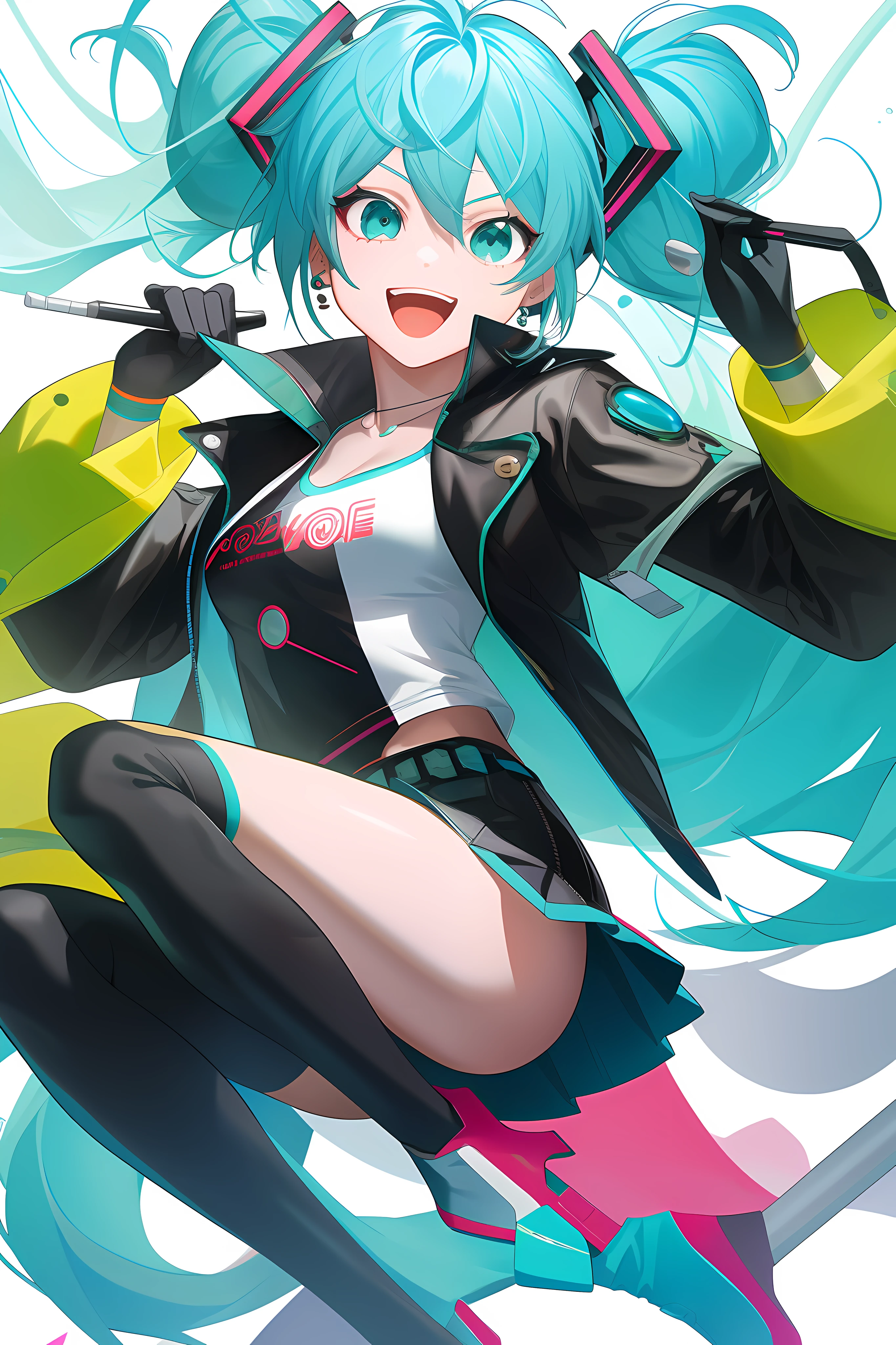 1girll, Best quality, Masterpiece, Boot breasts double_Bun earrings eyes_Visible_Through_Hair gloves gray_The Hair Hair_Bun and a half_Gloves, coat, jewelry media_Breast opening_rolled_shoulder open_Clothes dynamic pose opens_Jacket aqua green_Eye Hatsune Miku cyberpunk fashion sour alternative punk underground skirt personal art, Ridiculous official art magazine cover