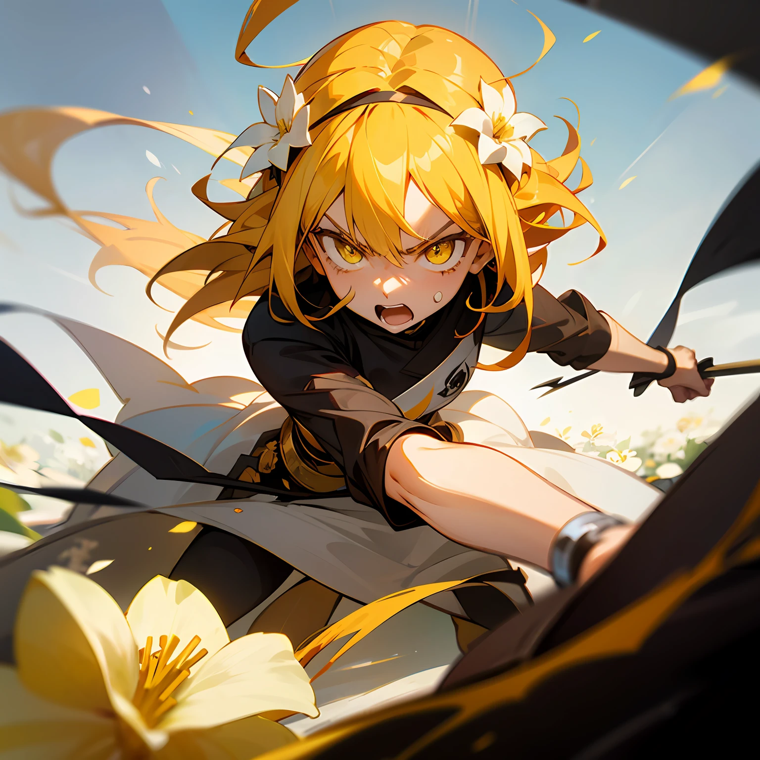 Anime female characters in battle，golden yellow hair，Attractive eyes，looking at viewert，Amber eyes，a little angry，A white flower is worn on his head --auto