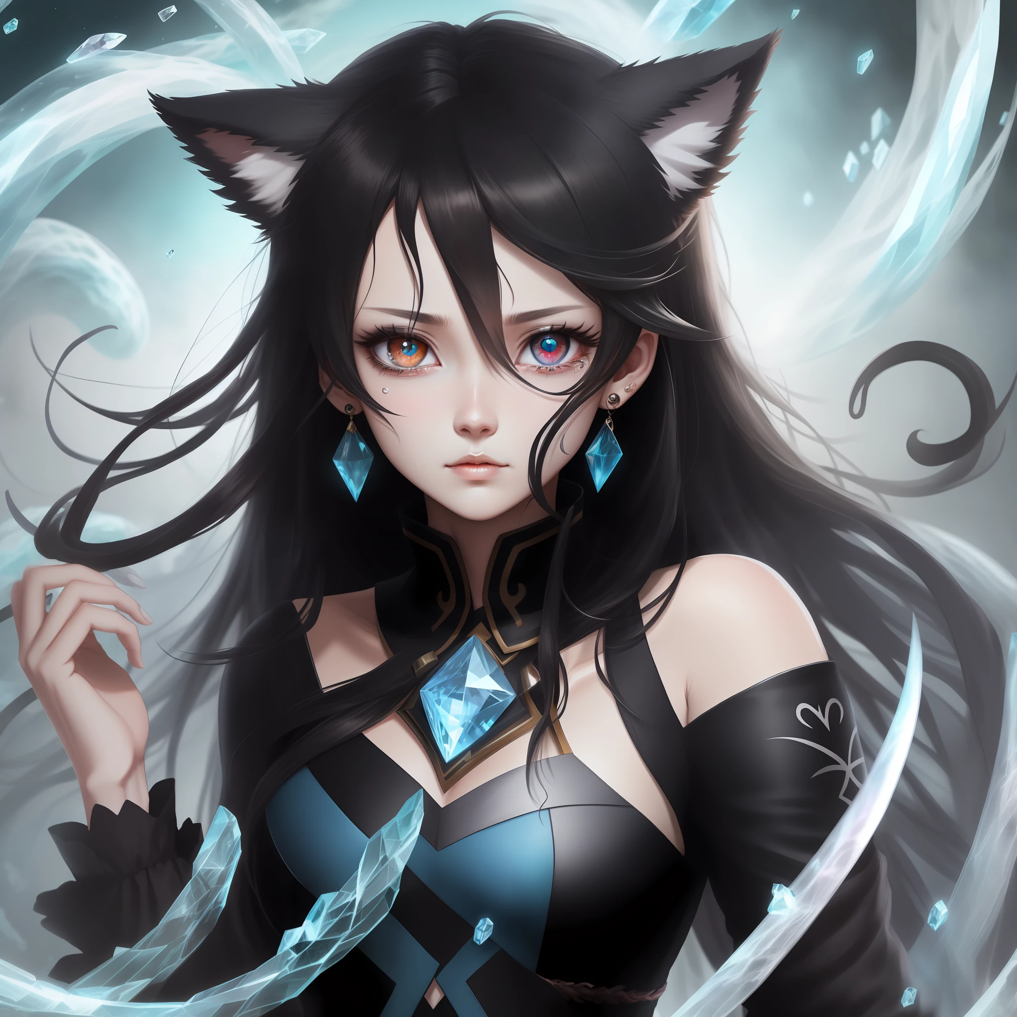 black hair, long hair, hair spread out, tentacle hair, forehead mark, mask on head, heart-shaped pupils, streaming tears, longeyelashes, heterochromia, animal ears, crystal earrings, anime, high detail, super detail, 16k, best quality, high details, best quality, best quality