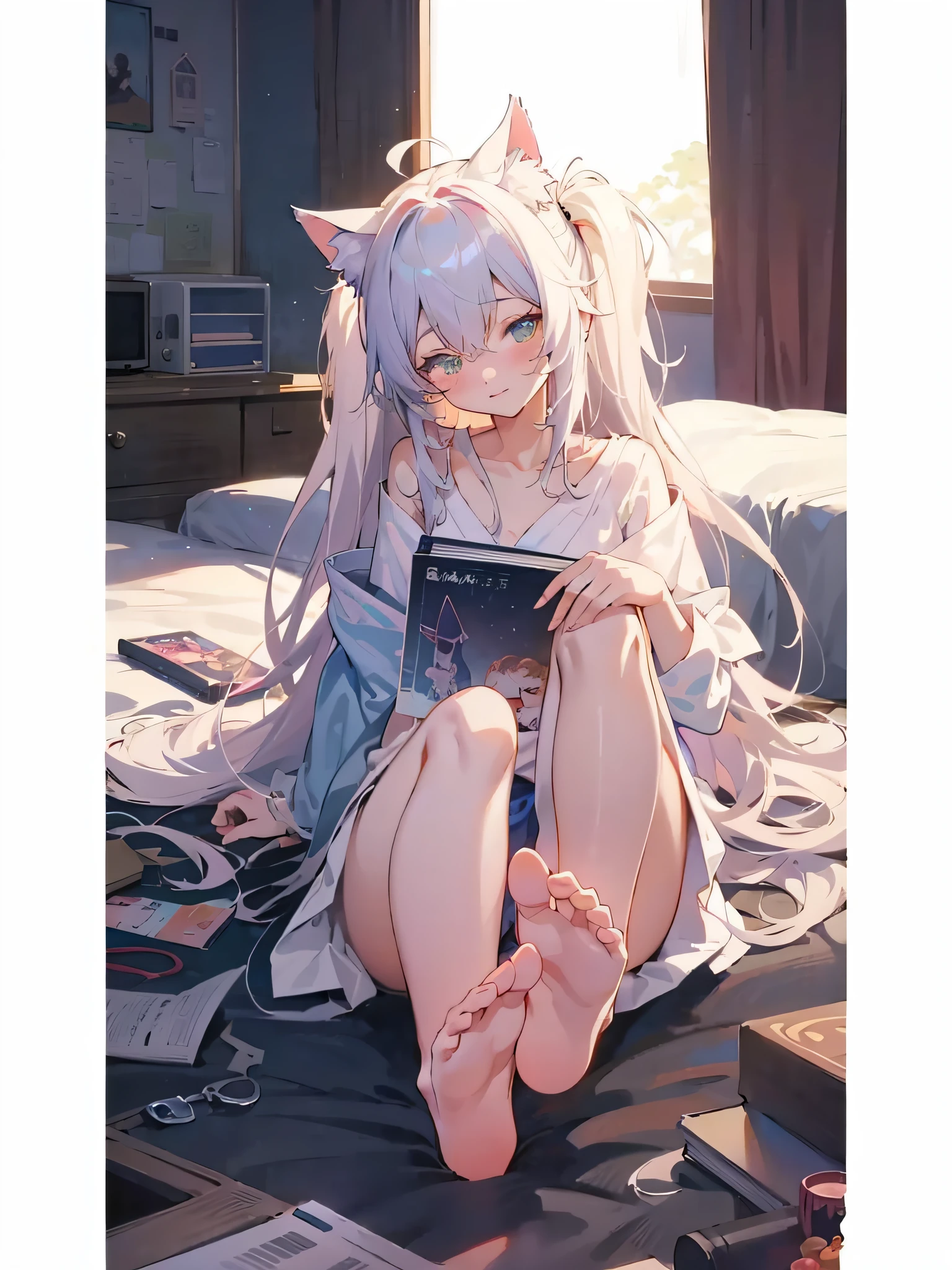 Anime girl sitting on bed,On his lap was a book, beautiful anime catgirl, White Cat Girl, cute anime catgirl, Very beautiful anime cat girl, nightcore, anime catgirl, up of young anime girl, anime girl with cat ears, (Anime girl), An anime girl, anime moe art style, Guviz, animeaesthetic --auto