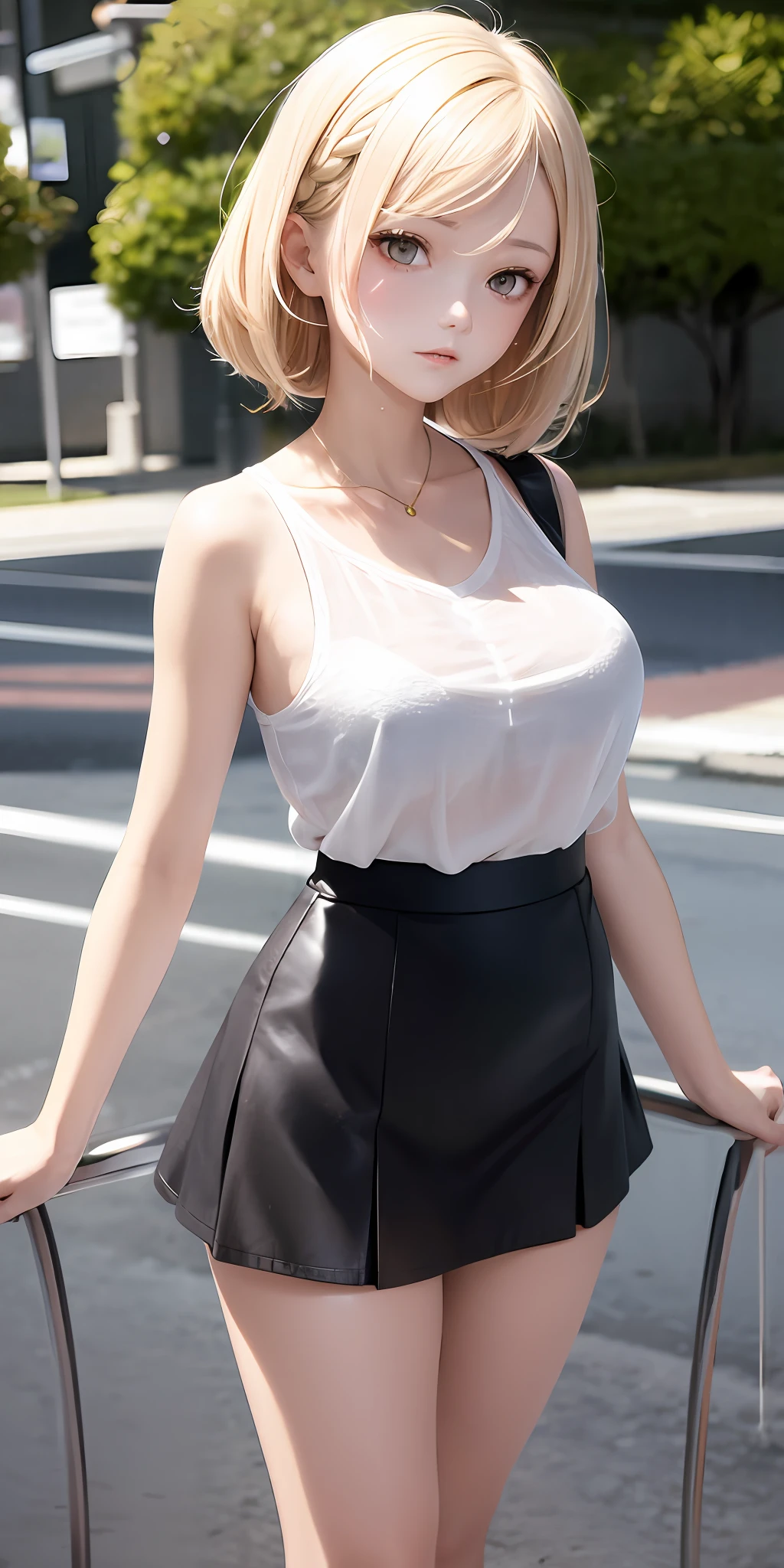 Need,tmasterpiece,whaite hair,Golden eyes,Hairline,Fair skin,SideBraid,short skirt,no-bra,Get wet,Large breasts