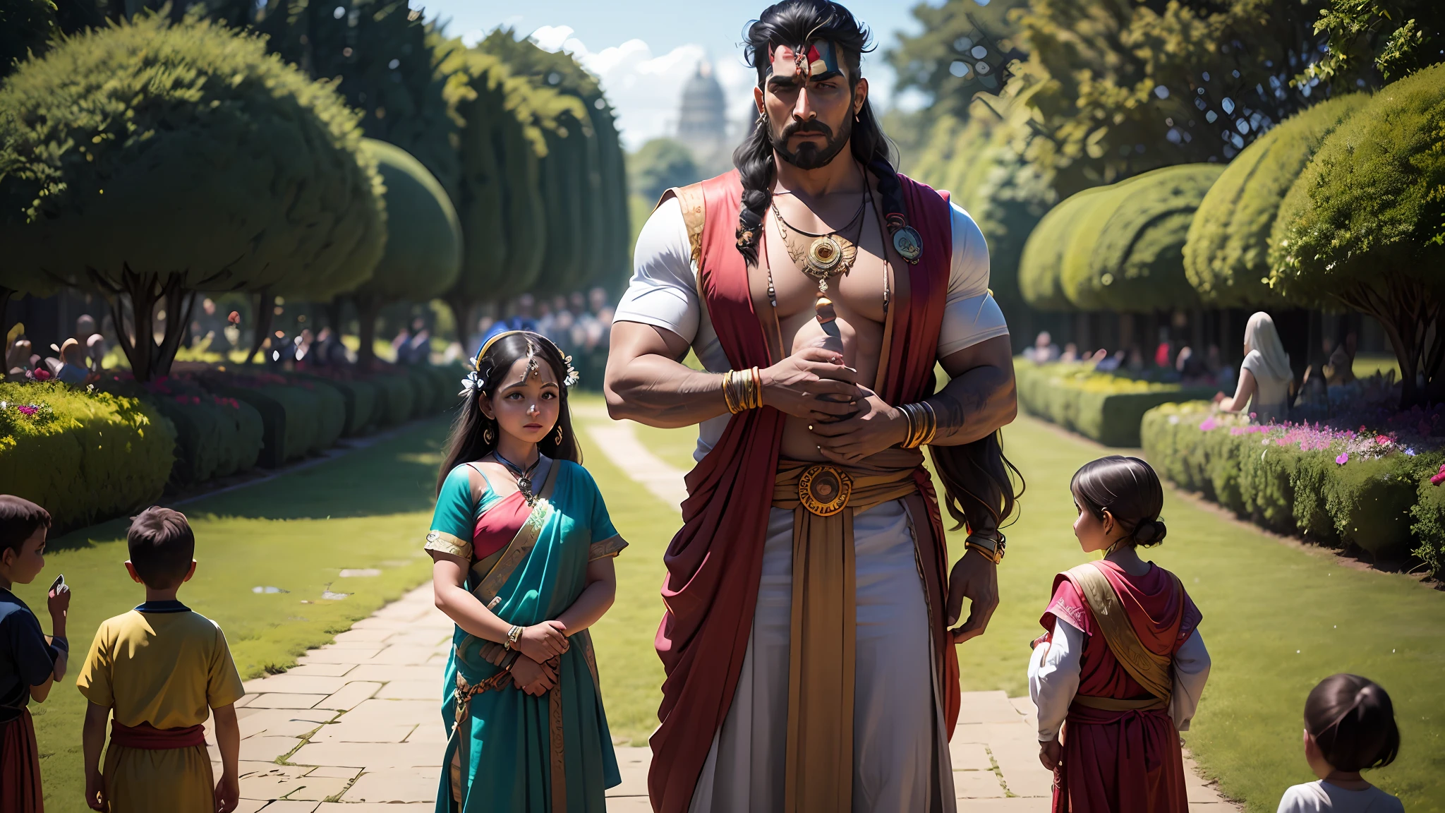 Shiva the indian god , 8k ultra realistic , king and kids in a garden , kind there stand with kids in royal gardern with many peoples crowd in gardern , king talk the story for kids many kids