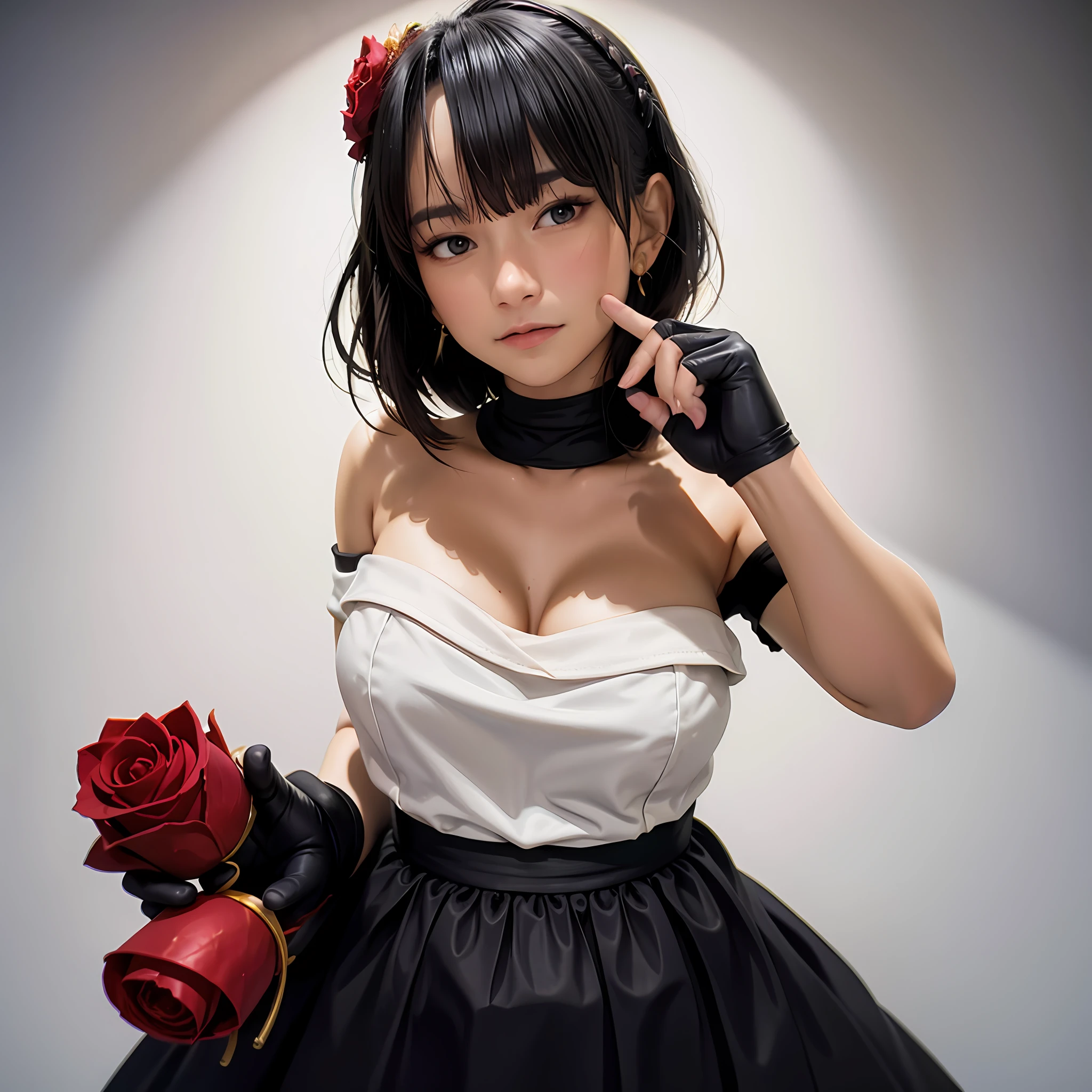 (realistic) portrait of (Freya JKT48), lips, (looking at viewer), solo shot, (RAW photo), captured in ultra-high-definition (8K UHD) with a film grain effect, yor briar,
1girl, backlighting, bare shoulders, black background, black dress, black gloves, black hair, blood, blood on face, blood on weapon, breasts, closed mouth, cowboy shot, dress, earrings, expressionless, fingerless gloves, floating hair, floral print, flower, gloves, gold earrings, gold hairband, hair flower, hair ornament, hairband, holding, holding weapon, jewelry, large breasts, light particles, long hair, looking at viewer, off-shoulder dress, off shoulder, petals, red eyes, rose, rose petals, rose print, short hair with long locks, sidelocks, solo, spikes, thighs, two-sided dress, two-sided fabric, weapon
, ((masterpiece))