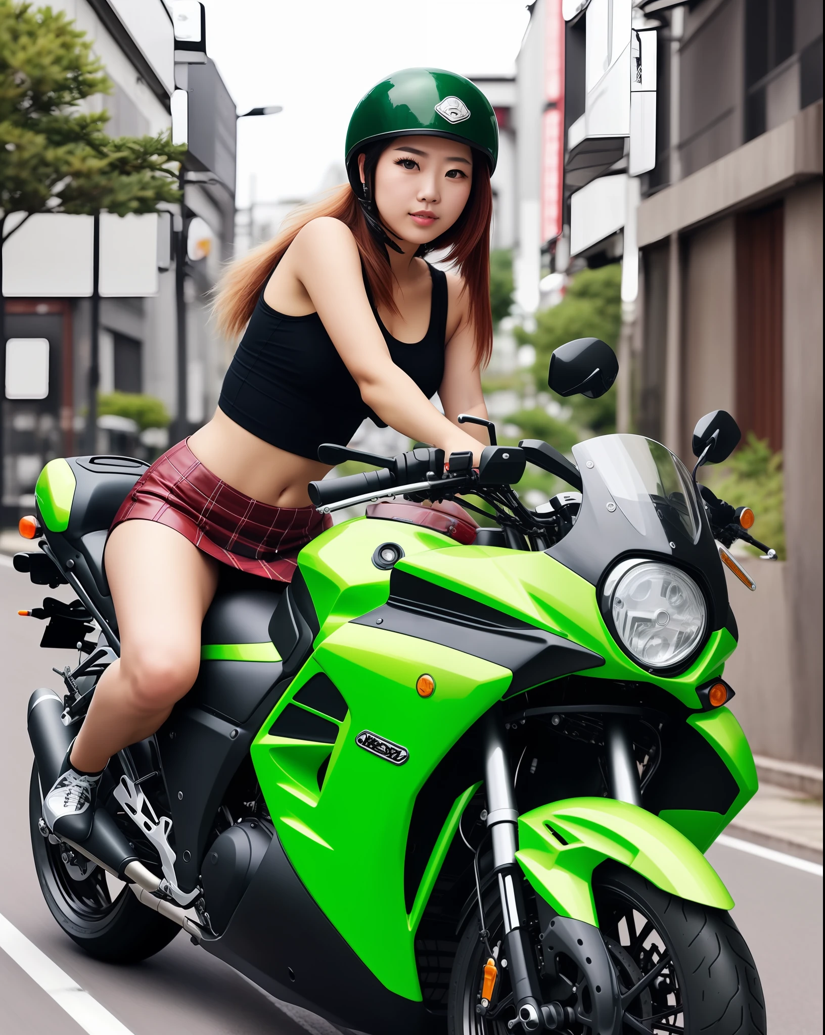 Green motorcycle girl、Young woman in black leather skirt, white tank tops, Nohel、thighs thighs thighs thighs、Navel、picture of a female biker, Light hair color、japanes、kawasaki, Ninja 250、Green KRT Dasha Tarang,poneyTail、Beautiful face、 green skin!, sitting on a motorcycle,Open your crotch、Spread your crotch、 Motorcycles, Riding a motorcycle, riding on motorcycle, black and green