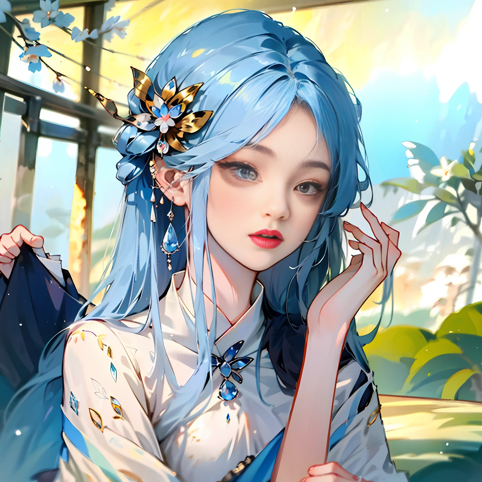 Has blue hair,Ancient Chinese city, Ancient wind, Beautiful woman in period costume,A pair of slender legs, Crystal shoes
