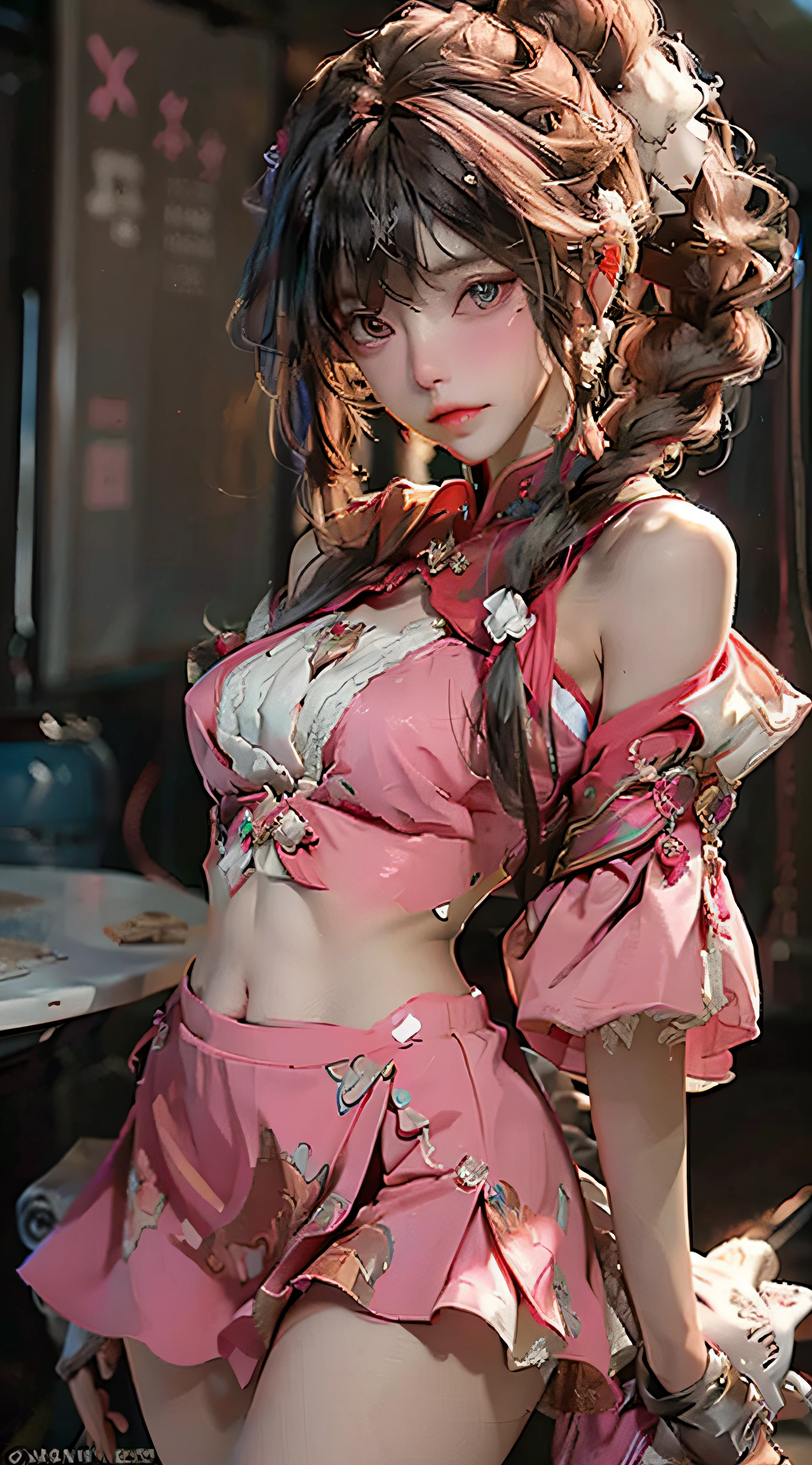 ((best quailty)), ((tmasterpiece)), (the detail:1.4), 3D, A beautiful cyberpunk female image,HDR(HighDynamicRange),Ray traching,NVIDIA RTX,Super-Resolution,Unreal 5,Subsurface scattering、PBR Texture、post-processed、Anisotropy Filtering、depth of fields、maximum definition and sharpness、Many-Layer Textures、Albedo e mapas Speculares、Surface Coloring、Accurate simulation of light-material interactions、perfectly proportioned、Octane Render、Two-colored light、largeaperture、Low ISO、White balance、thirds rule、8K RAW、barepubic hair,Exposed shoulder,camisole,upskirt with,Transparent packaging,open waist,upskirt with//,Very short,There are colorful graffiti on the shoulders,pleatedskirt,JK short skirt long legs,Lace edges,Tulle textured clothes。Pink cute,Tender powder,The expression is shy,Pink and white clothes。The coat slipped off,streaked hair, colored inner hair, drill hair, double bun, twin drills, quad drills, side drill, french braid, hair behind ear, hair between eyes, crossed bangs, hair bun, hair intakes, short ponytail, short twintails, side swept bangs, braided bun, cone hair bun, shiny hair