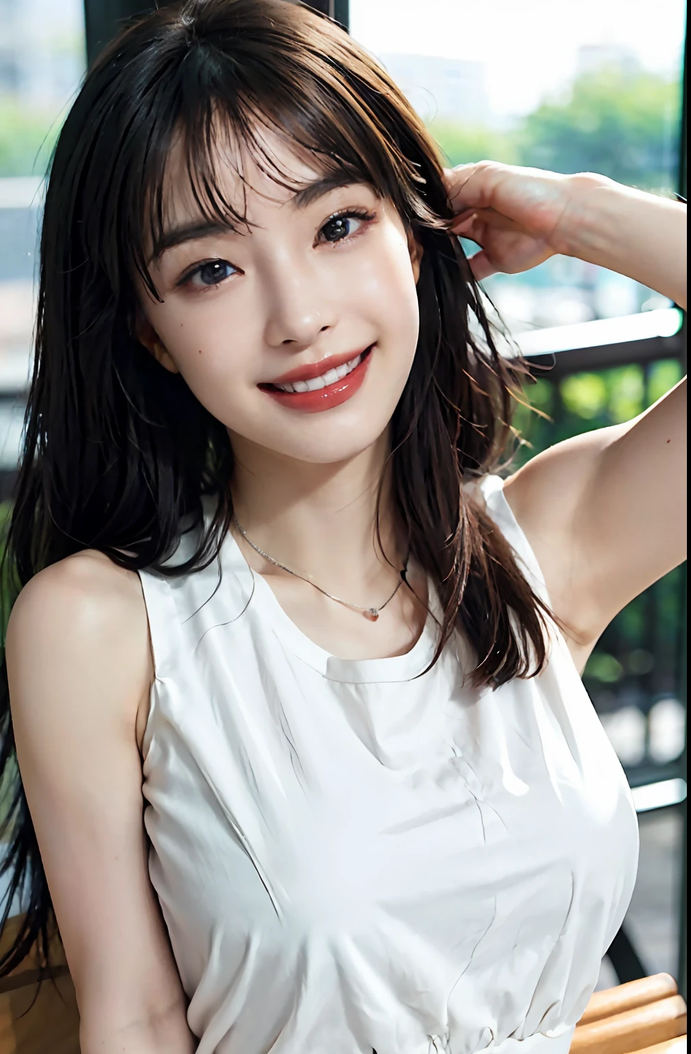 (A hyper-realistic), (illustratio), (hight resolution), (8K), (ighly detailed), (The best illustrations), (beatiful detailed eyes), (top-quality), (ultra-detailliert), (masterpiece), (wall-paper), (详细的脸), a bed、Upper body close-up,Armpit, A smile,Plump,独奏,Girl in white tank top with open chest, full of sweat, japanes, large full breasts, (camel's toe)、huge-breasted、Detailed, well-groomed white teeth、Ultimate Beauty、shot on the Canon EOS R 6、full of sweat、(beautiful detailed teeth)、Silver necklace、Park with sunshine、Perfect and beautiful female hands、Perfect tooth alignment、Perfect fingers、Light makeup、On a park bench、