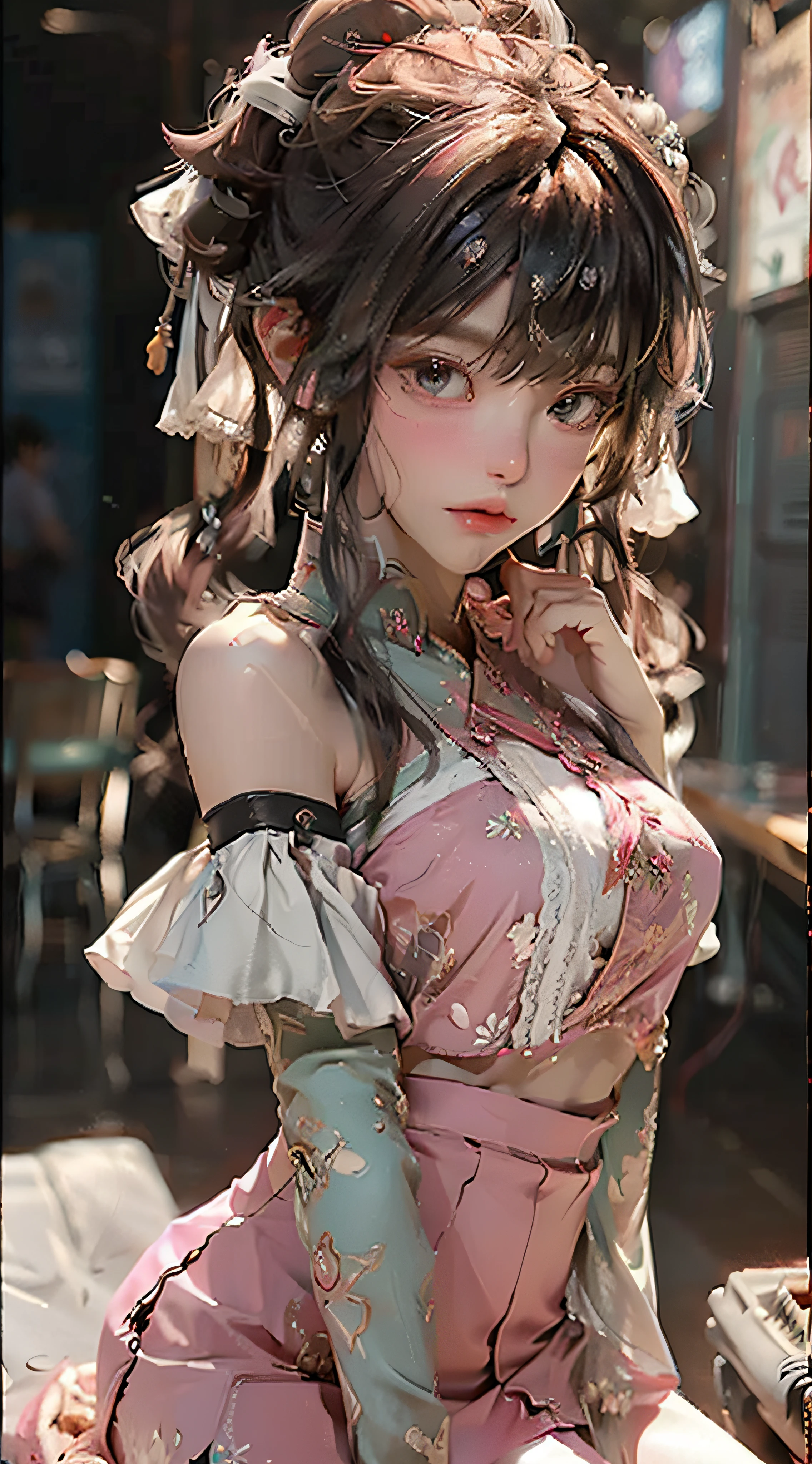((best quailty)), ((tmasterpiece)), (the detail:1.4), 3D, A beautiful cyberpunk female image,HDR（HighDynamicRange）,Ray traching,NVIDIA RTX,Super-Resolution,Unreal 5,Subsurface scattering、PBR Texture、post-processed、Anisotropy Filtering、depth of fields、maximum definition and sharpness、Many-Layer Textures、Albedo e mapas Speculares、Surface Coloring、Accurate simulation of light-material interactions、perfectly proportioned、Octane Render、Two-colored light、largeaperture、Low ISO、White balance、thirds rule、8K RAW、barepubic hair，Exposed shoulder，camisole，upskirt with，Transparent packaging，open waist，upskirt with//，Very short，There are colorful graffiti on the shoulders，pleatedskirt，JK short skirt long legs，Lace edges，Tulle textured clothes。Pink cute，Tender powder，The expression is shy，Pink and white clothes。The coat slipped off，streaked hair, colored inner hair, drill hair, double bun, twin drills, quad drills, side drill, french braid, hair behind ear, hair between eyes, crossed bangs, hair bun, hair intakes, short ponytail, short twintails, side swept bangs, braided bun, cone hair bun, shiny hair
