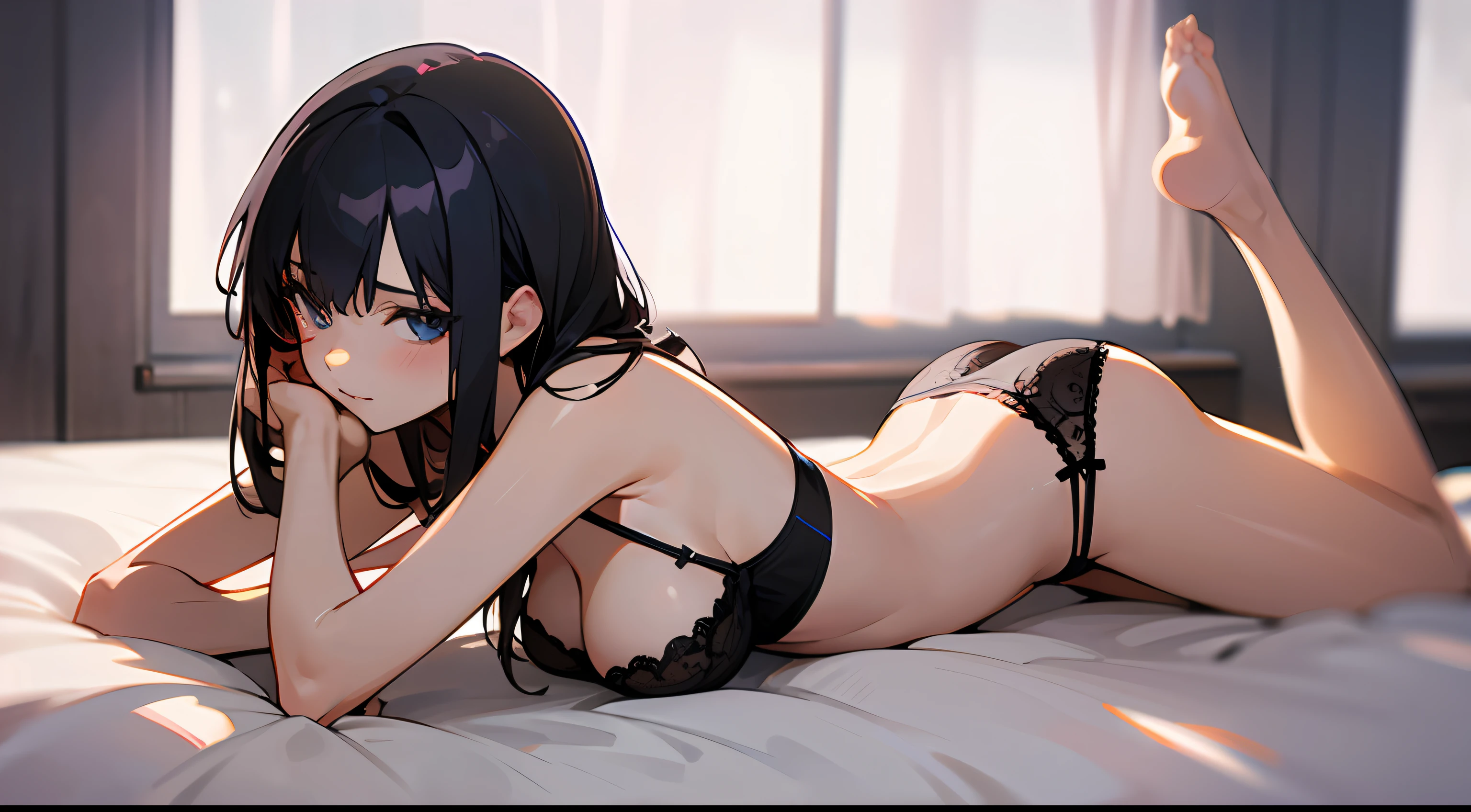 Black Haired Woman，Wear sexy transparent lingerie，Lie on the bed frontally，seductive anime girls，Pose on my bed，beautiful and seductive，Show off slenderness, Smooth legs，Exposing the abdomen and crotch