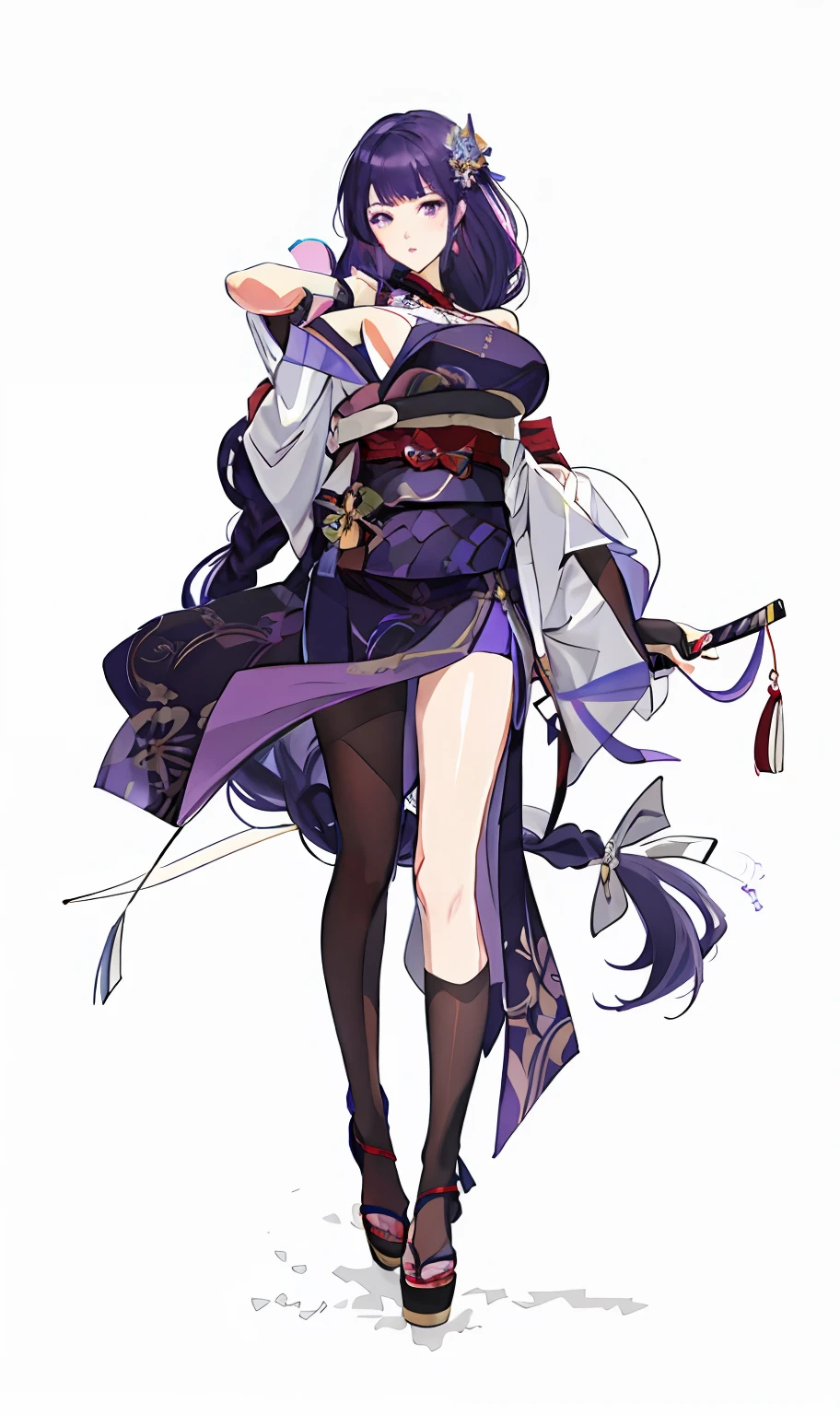 Raiden Shogun, Large breasts, Side Chest, (Bare legs:1.8), Japanese clothes, Thick thighs, Purple hair, Long hair, Genshin Impact, view the viewer, Mihoyo, raiden mei \(King of Thunder\), Sex life, hair between eye, 1girll, Solo, (Raiden Shogun:1.4), Purple hair, Purple eyes, bangs, Braid, braidedponytail, Breasts , hair adornments, Japanese clothes,symetrical eyes, (Ulzzang-6500:0.7), Upper body, (Solo:1.2), (Japan city:1.1), cleavage, (hand on lips:1.1),(Gigantic_Breasts:1.3),Pumping, upper legs,