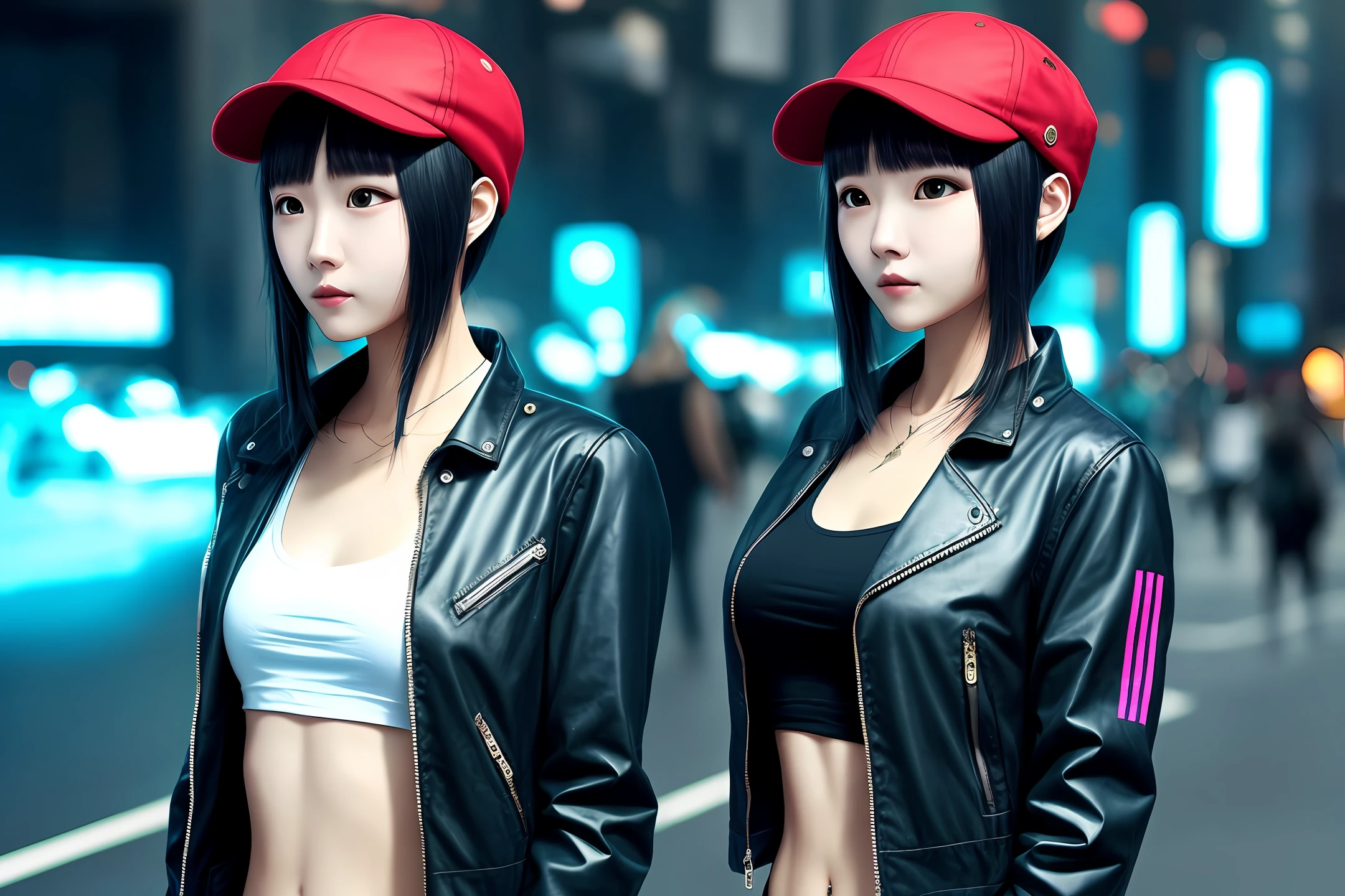 Beautiful woman medium hair, wearing cap, cyberpunk style short clothes