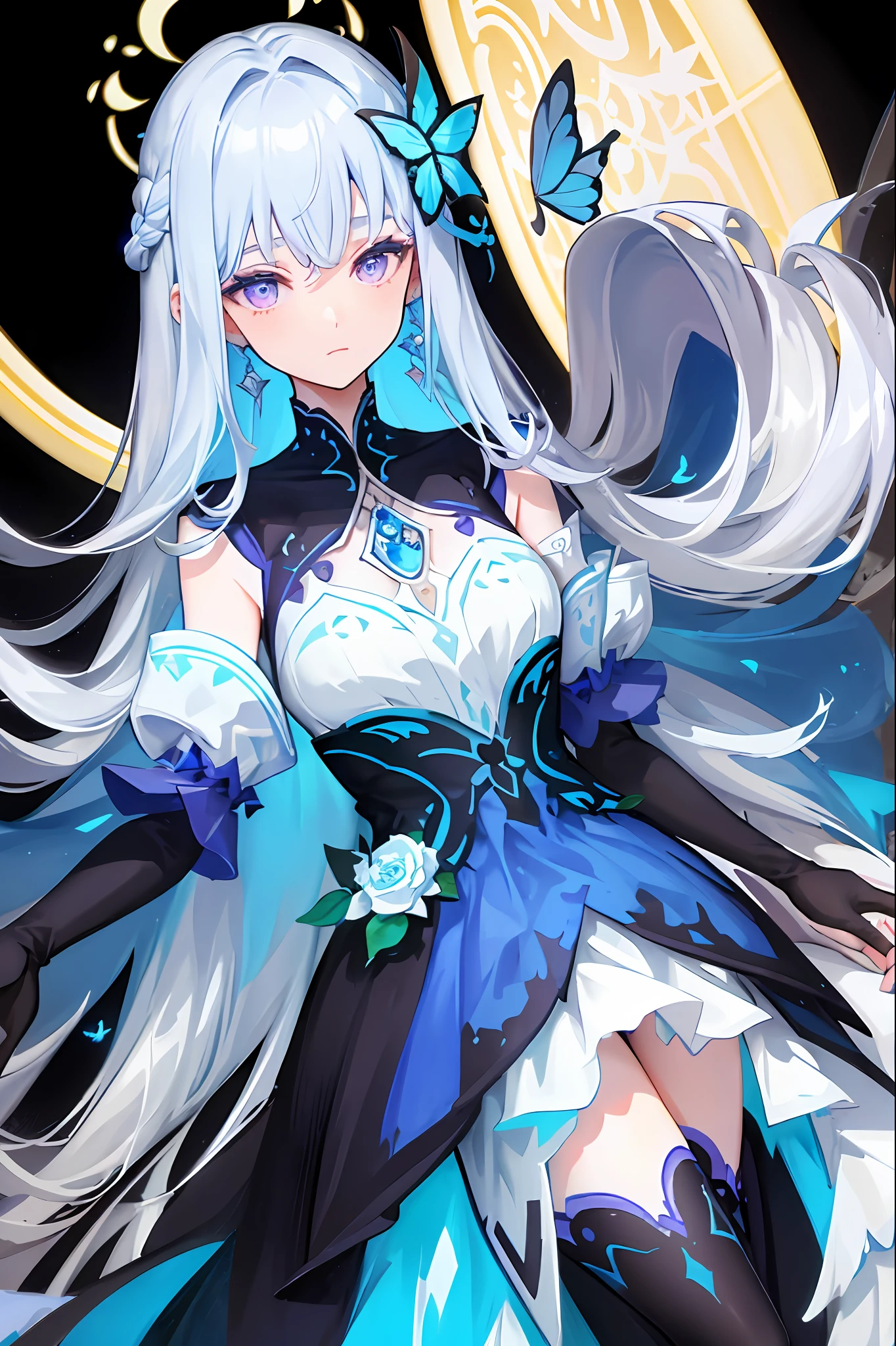 masterpiece,best quality,flat color,offical art,(white theme),(ultra-detailed),(an extremely delicate and beautiful girl),looking_at_viewer,(snow),(sunlight),(sword),(black flowers in grasses:1.5),(ice),light smile,castle,1girl surrounded by many floating feathers,white hair,long hair,cold expression,hairbow,(extremely detailed black armored dress),hair flower,earring,(horned helmet),pendant,black winged helmet,thighs,extremely detailed church