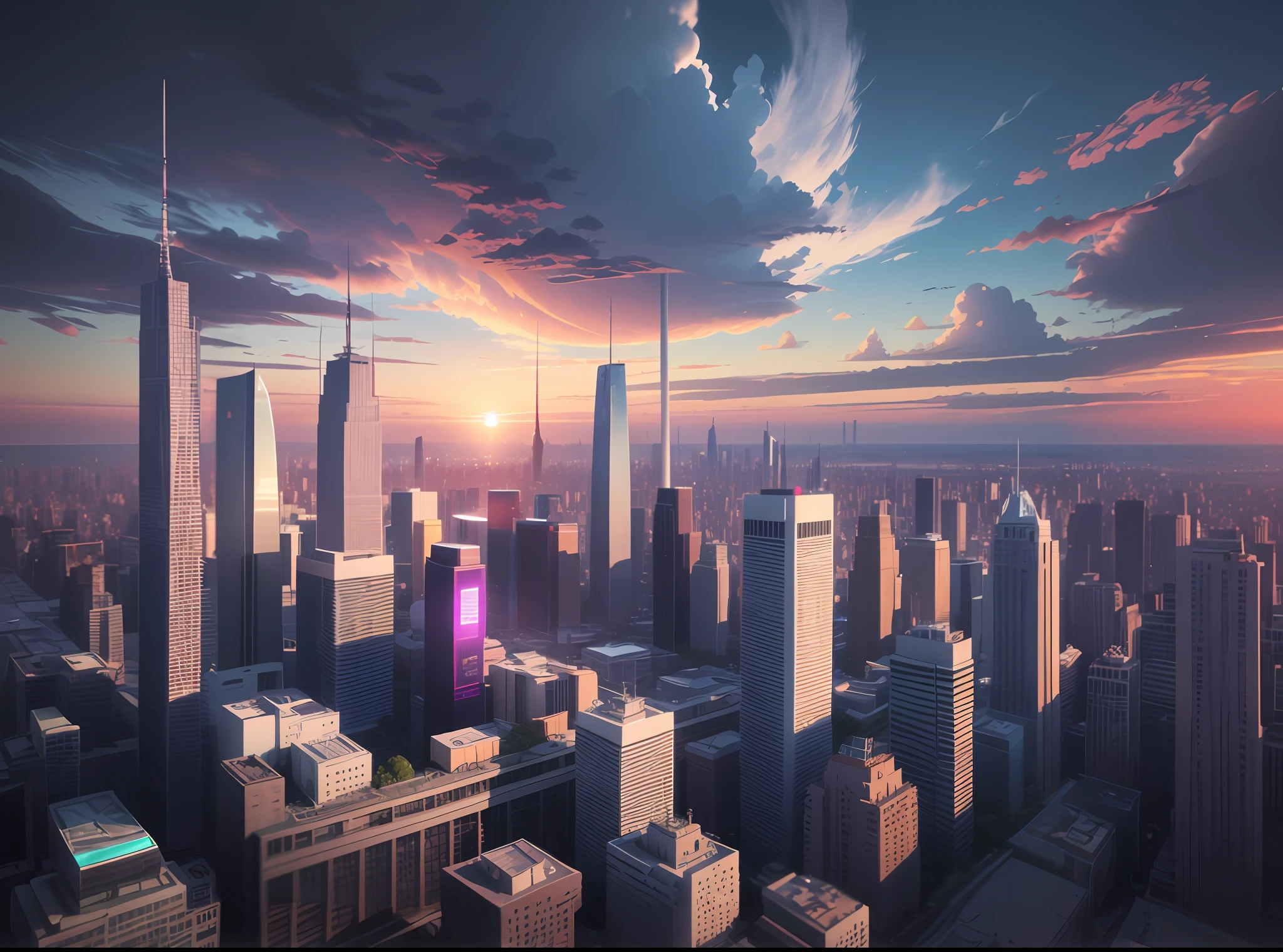Alafid view of the city with skyscrapers and purple lights, 3 d render beeple, cinematic beeple, Beautiful cityscape, new york in the future, beeple global illumination, sci - fi scene future new york, beeple rendering, photorealistic cinematic render, day cityscape, matte painting v ray, Futuristic city landscape