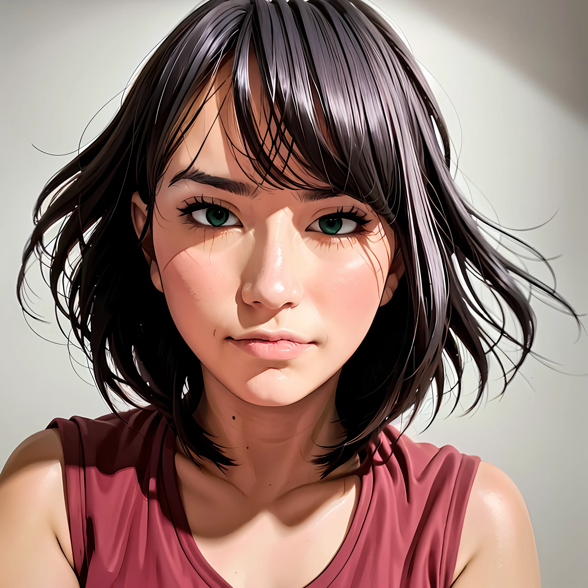 (realistic) portrait of (Freya JKT48), lips, (looking at viewer), solo shot, (RAW photo), captured in ultra-high-definition (8K UHD) with a film grain effect, haruno sakura, naruto \(series\), naruto shippuuden,
1girl, konohagakure symbol, bangs, breasts, closed mouth, elbow sleeve, eyes visible through hair, floating hair, forehead protector, foreshortening, green eyes, hair intakes, hairband, looking at viewer, parted bangs, pink hair, red shirt, shirt, short hair, sleeveless, sleeveless shirt, small breasts, solo, upper body, v-shaped eyebrows, white background, wind, portrait
, ((masterpiece))