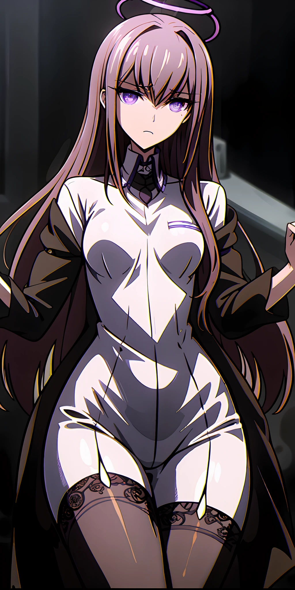 ((Masterpiece,Best quality,8K)),Silvery-white emanation,a purple eye,Dull hair, Tsundere,High Root,blacksilk,black lence stockings,Lace,The halo,lacepantyhose,Like a god,Blackn clothes, Sense of oppression,,Perfect face,Oppressive atmosphere,sci-fy