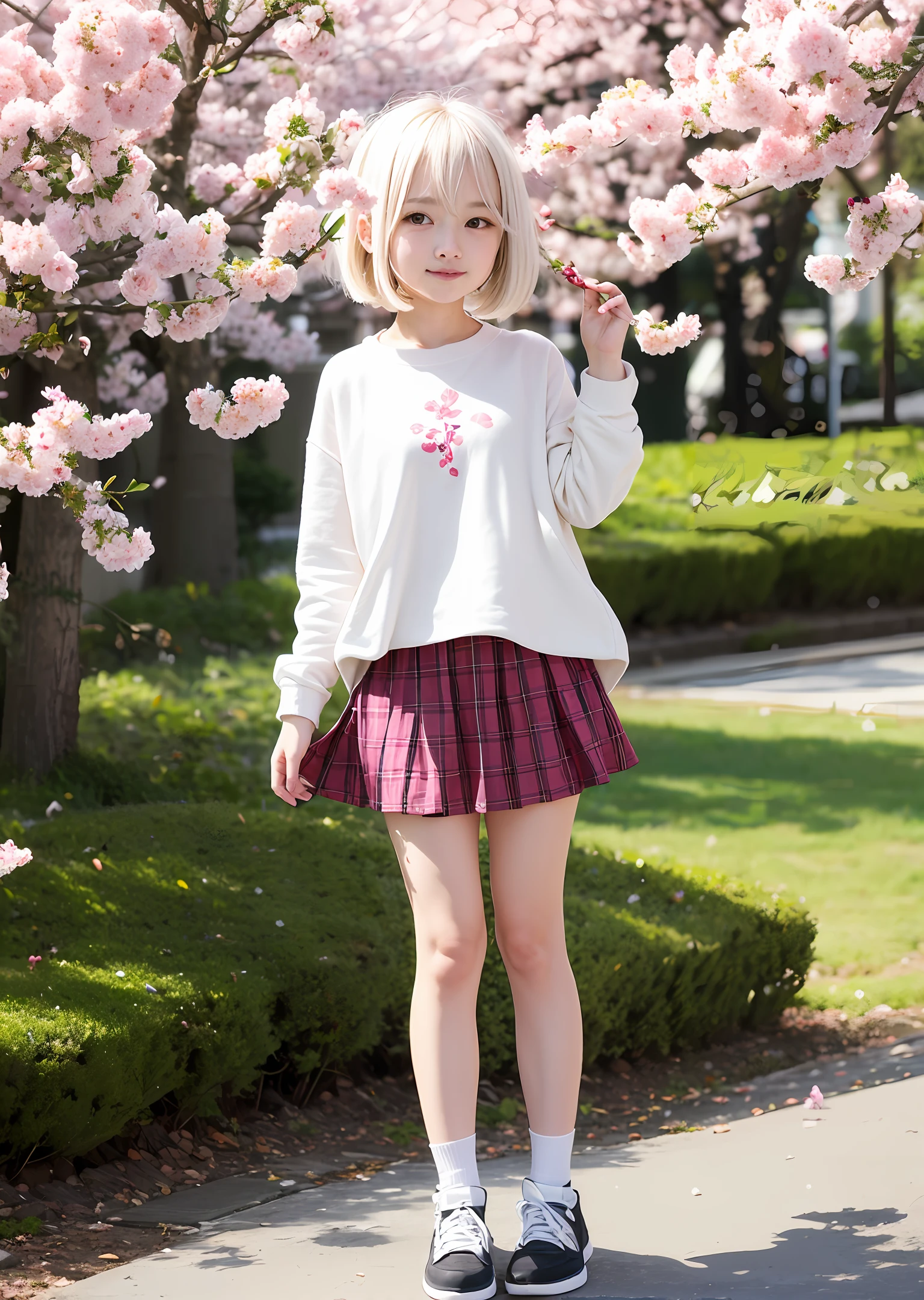 A loli face,white color hair,dual horsetail,Stand under the cherry blossom trees,Pink skirt,sakura flowers falling,Hair fluttering