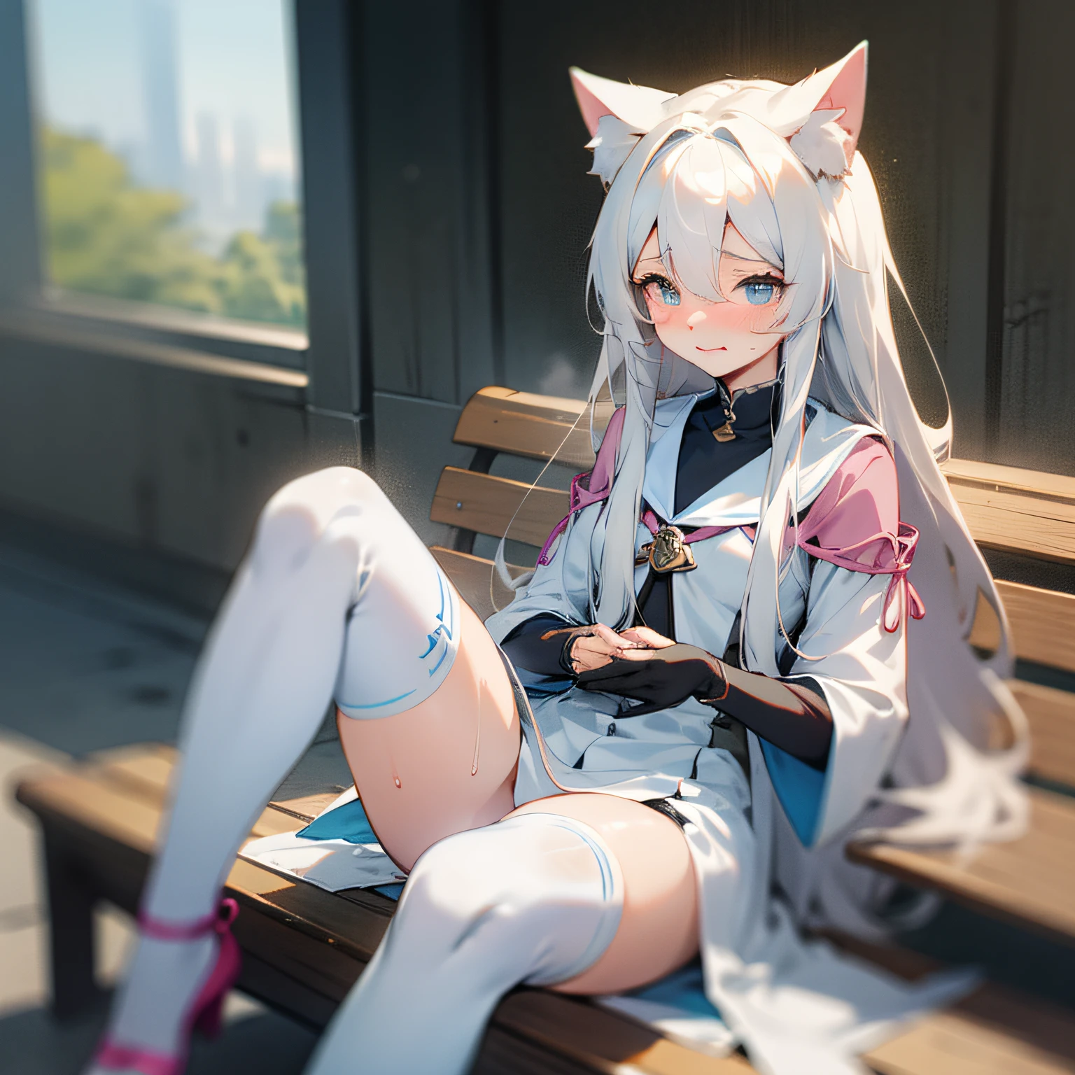Anime girl sitting on bench with cat ears on her head, seductive anime girl, white-haired god, anime goddess, cute anime gaifu in beautiful clothes, white-haired girl, perfect white-haired girl, detailed white long hair, long-haired anime girl, beautiful anime girl, long-haired anime girl, anime Barbie doll with white stockings, shabby clothes, a lot of broken skin, sweating all over, sweating, urinary incontinence,