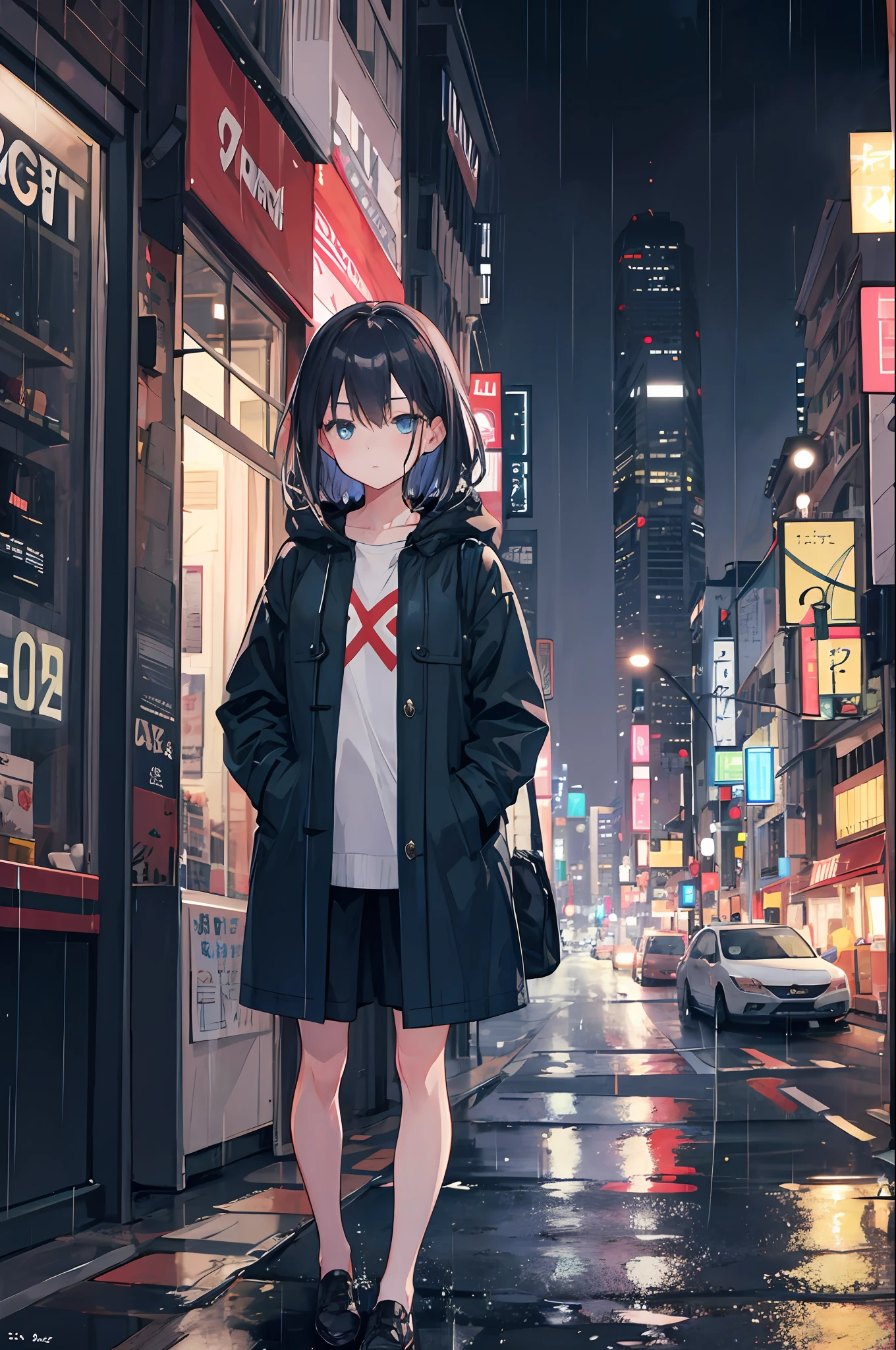1girl, Night City, rain, coat, hands in pockets