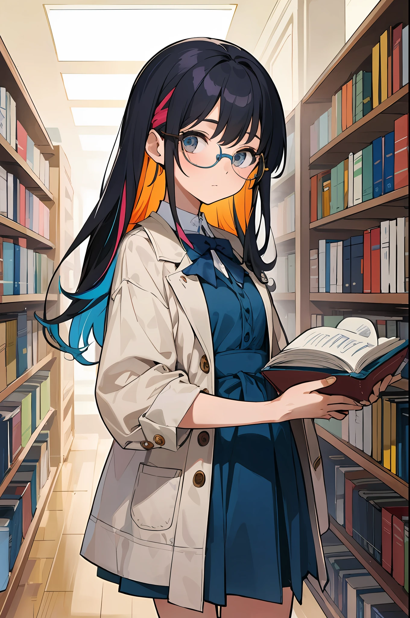 (tmasterpiece,best qualityer)Works by Mika Picazzo:1 girl playing solo in the library,The books are very detailed,vibrant with colors,In a warm atmosphere,girl wearing spectacles,Details are not obscured by contours, Page。