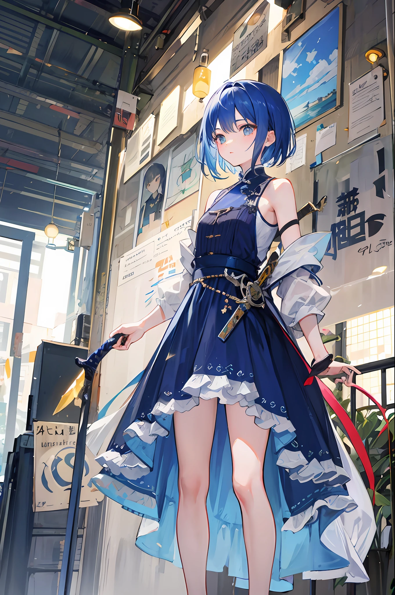 the original god,Ok Qiu,blue short hair,15year old,Unisex dress,Take a sword,Eau