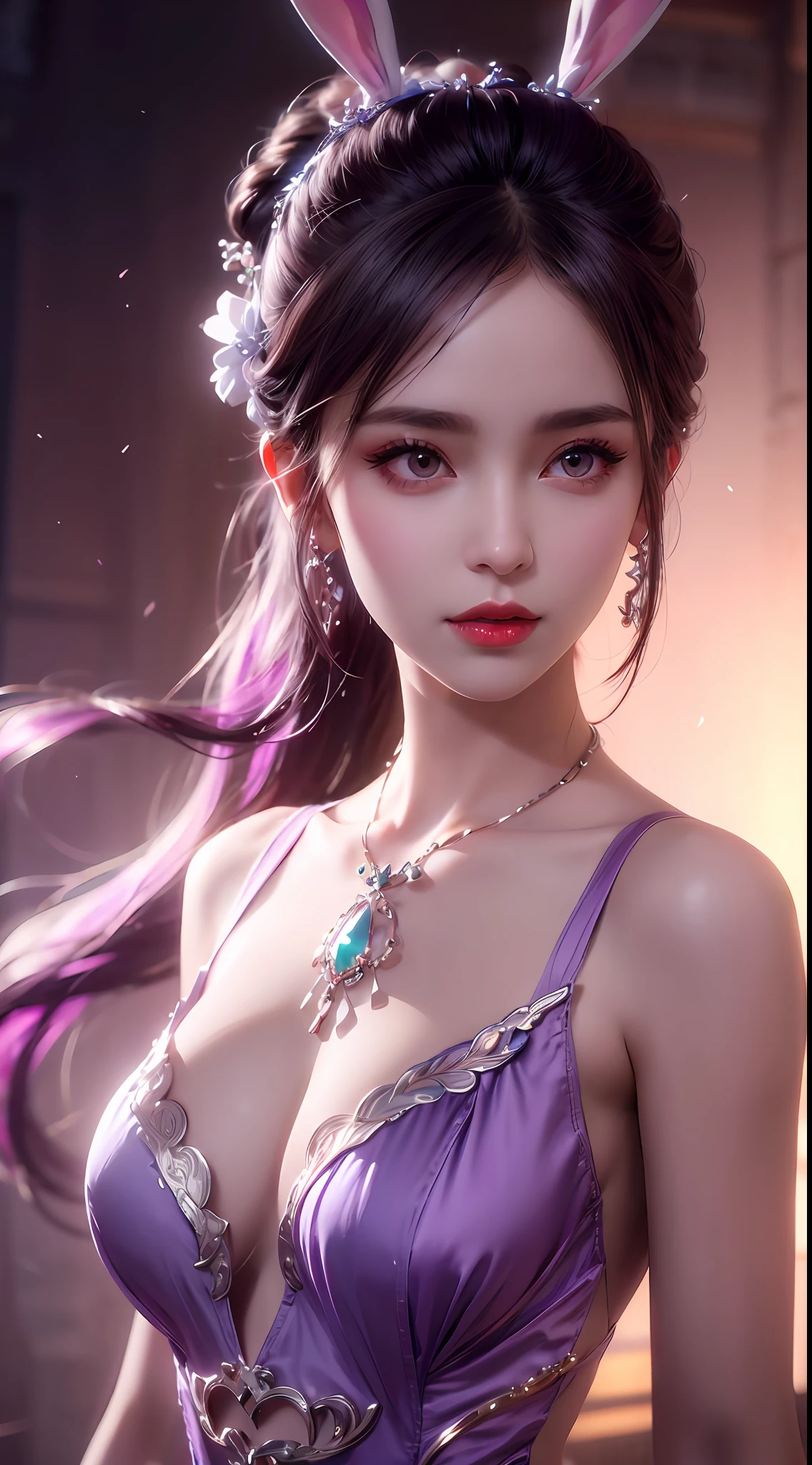 1 beautiful girl in Han costume, thin purple silk shirt with white color with many textures, white lace top, long platinum purple ponytail, hair jewelry, ear jewelry, light purple rabbit ears, necklace and necklace, meticulously drawn large purple eyes, meticulous makeup, thin eyebrows, high nose, lovely red lips, not smiling, pursed lips, rosy cheeks, wide breasts, big breasts , well-proportioned bust, slim waist, purple mesh socks, chinese hanfu style, fictitious art textures, vivid and realistic colors, RAW photos, realistic photos, ultra high quality 8k surreal photos, (effective fantasy light effect: 1.8), 10x pixel, magic effect (background): 1.8), super detailed eyes, girl body portrait, solo girl, ancient hanfu background,
