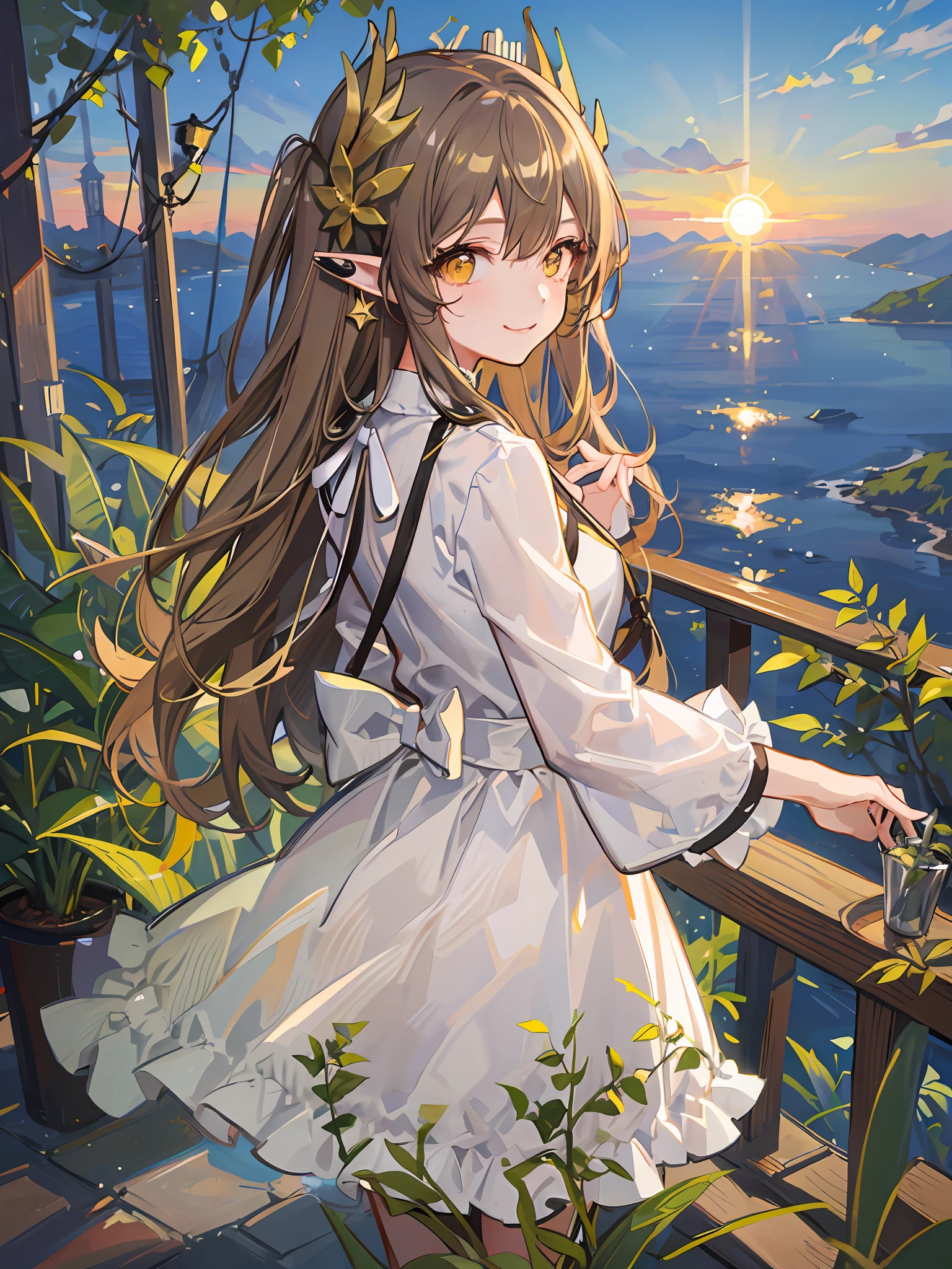 tmasterpiece，Best quality，
1girll， scenecy， in a panoramic view， overlooks，（Faraway view）， 
Mumu，long whitr hair，Brown hair and green hair，pointy ears，Yellow eyes，hair adornments，Moles under the eyes，little breast，鎖骨，By bangs，
white dresses，Look to the lens，ssmile，the setting sun，