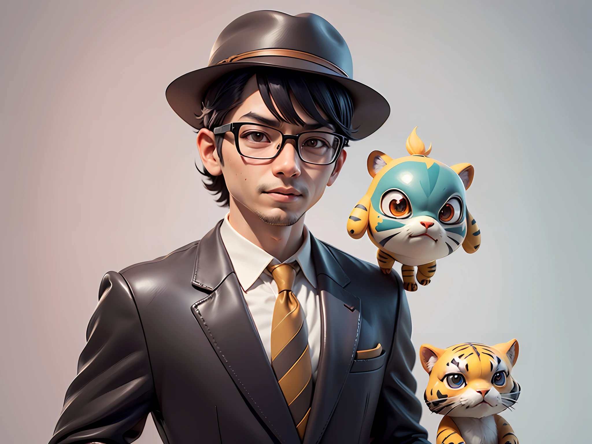Young man with oriental face in leather hat, tiger, oriental face in formal suit, short black hair, silver glasses, digital painting, 3D character design by Mark Clairedon and Pixar and Hayao Miyazaki and Akira Toriyama, the illustration is a high-definition illustration in 4K resolution with very detailed facial features and cartoon-style visuals.