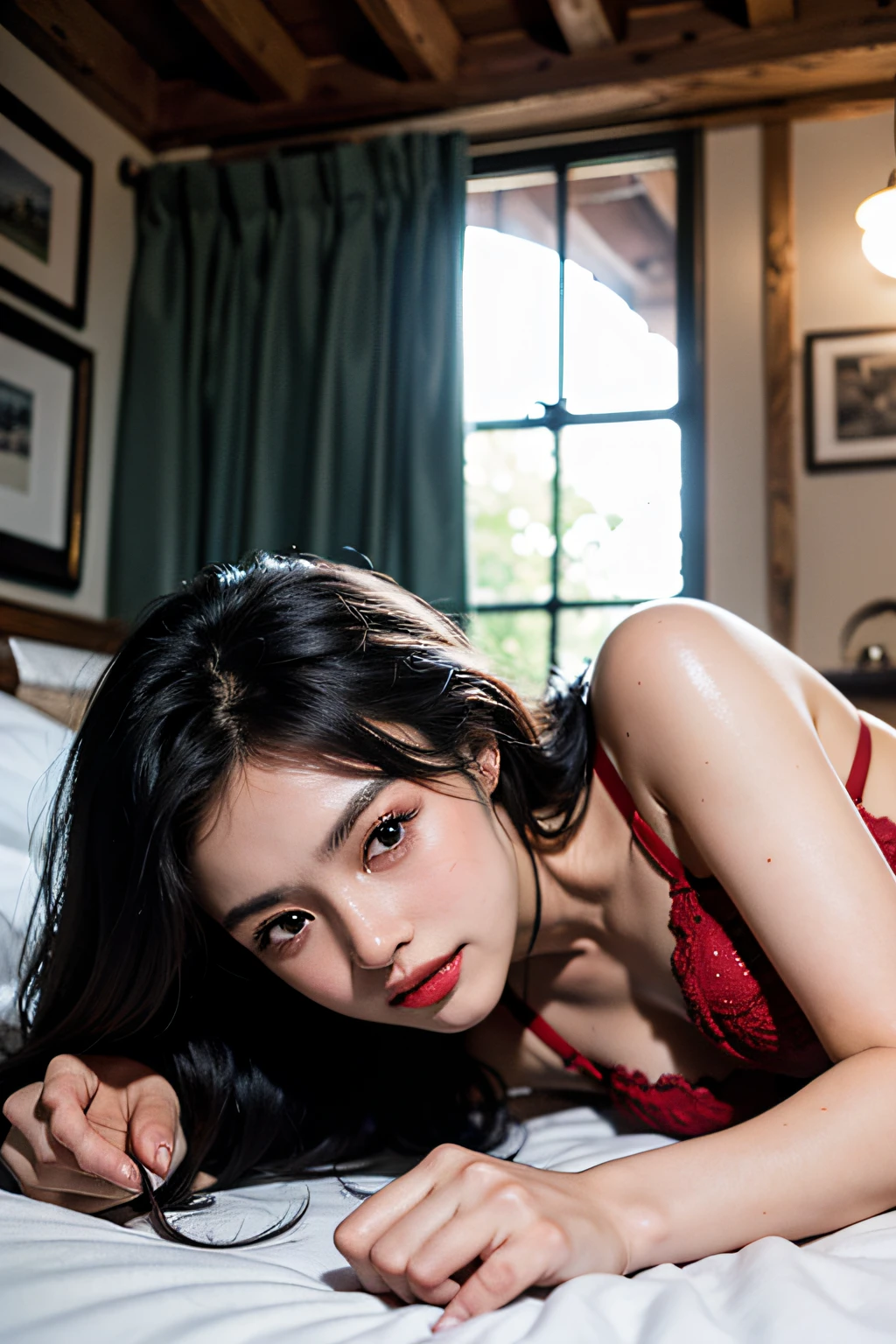 (in 8K、 Raw photography、top-quality,、hight resolution),、(hyper realisitic)、(realisitic),、Soft light、、girl with、Lifelike face、Realistic body、real looking skin、absurderes、masterpiece、Cuties、独奏、Innocent eyes、blusher、Cinema Lights、cherry colored lips、The hair 、a closeup、looking at viewert、 Open lips,、Upper teeth,、(Smiling eyes:0.6)、eyes focus、professionally lit、CG Social Trends、Plastic En、((Black Long Hair))、((Beautuful Women))、(A smile)、Fashionable、((A sexy))、Hair that flutters in the wind、((Flowing hair))、Happy -、fashion magazine、((lighting like a movie))、(the woods)、((mountain hut))、the morning sun、Floral hair ornament、((On the bed))、((lying back on))、((Red underwear))、((red bra))、((redPanties))、