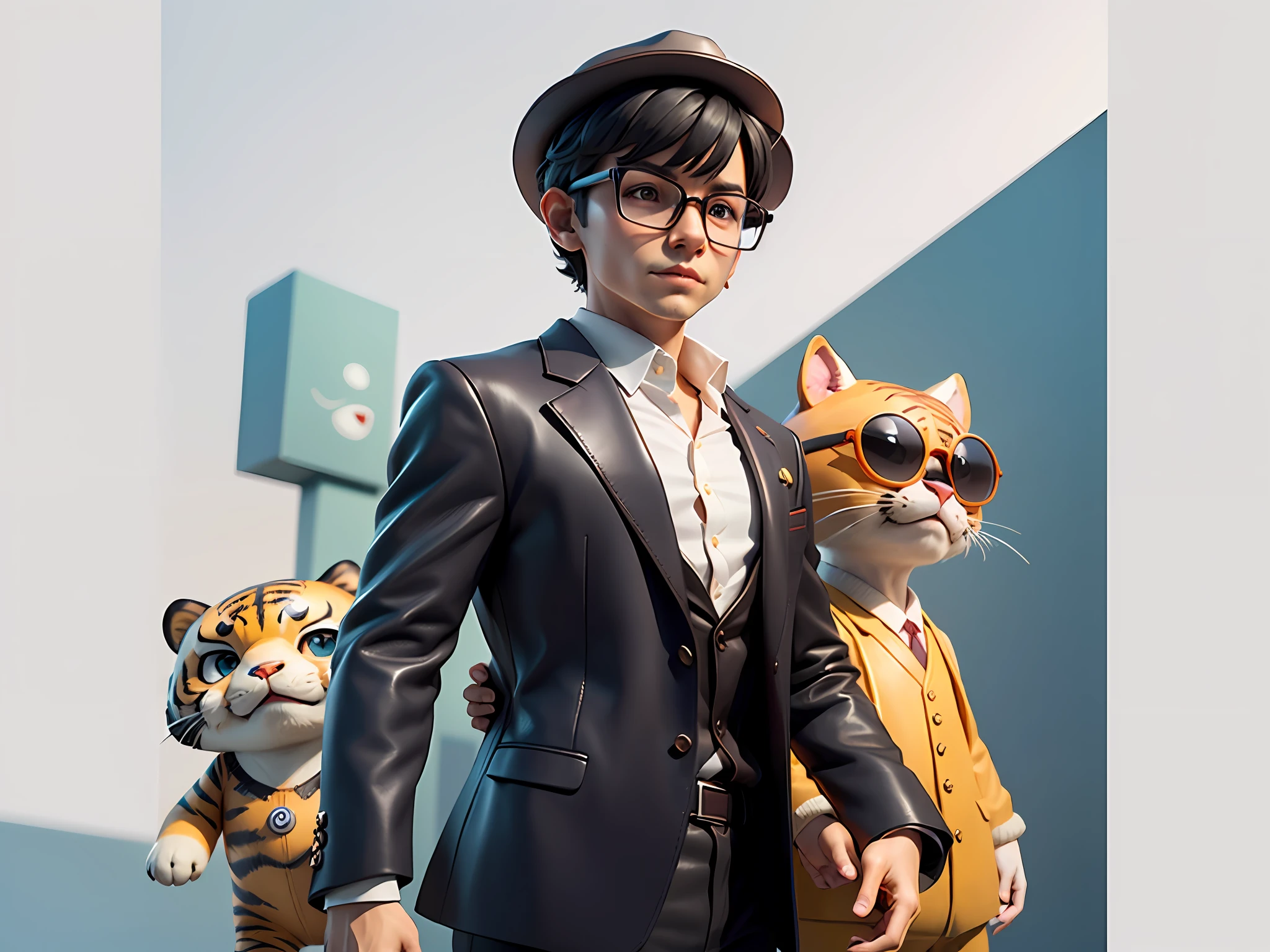 Young man with oriental face in leather hat, tiger, oriental face in formal suit, short black hair, silver glasses, digital painting, 3D character design by Mark Clairedon and Pixar and Hayao Miyazaki and Akira Toriyama, the illustration is a high-definition illustration in 4K resolution with very detailed facial features and cartoon-style visuals.