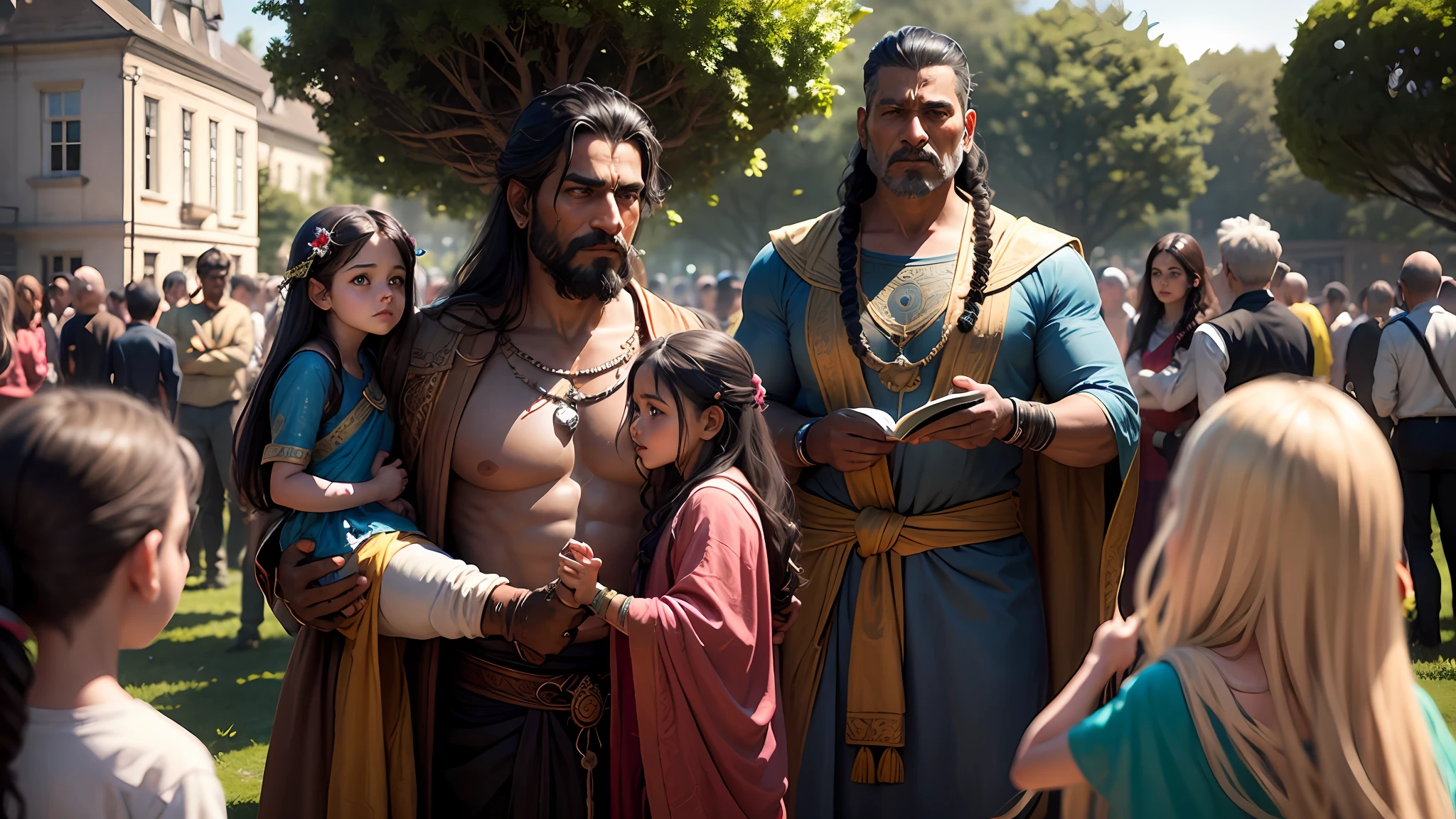 Shiva the indian god , 8k ultra realistic , king and kids in a garden , kind there stand with kids in royal gardern with many peoples crowd in gardern , king talk the story for kids many kids