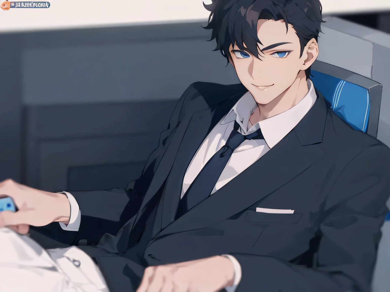 Anime man in suit sitting in chair with remote control, Anime handsome man, he is wearing a suit, Handsome anime pose, handsome guy in demon killer art, in his suit, inspirado em Okumura Masanobu, inspired by Okumura Togyu, he is smiling, wearing a strict business suit, Tall anime guy with blue eyes