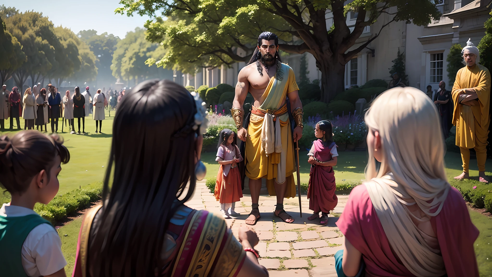 Shiva the indian god , 8k ultra realistic , king and kids in a garden , kind there stand with kids in royal gardern with many peoples crowd in gardern , king talk the story for kids many kids