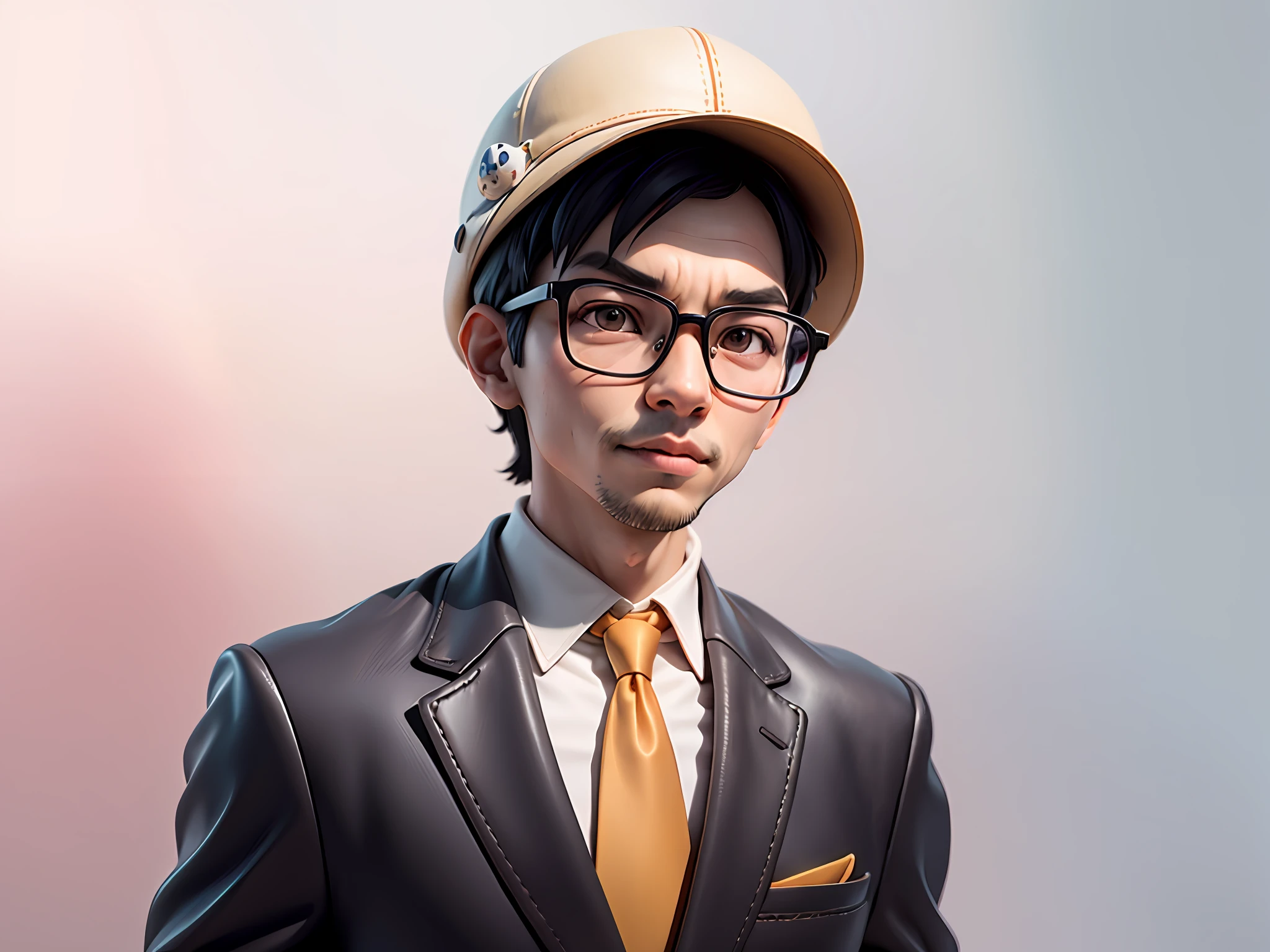 Young man with oriental face in leather hat, tiger, oriental face in formal suit, short black hair, silver glasses, digital painting, 3D character design by Mark Clairedon and Pixar and Hayao Miyazaki and Akira Toriyama, the illustration is a high-definition illustration in 4K resolution with very detailed facial features and cartoon-style visuals.