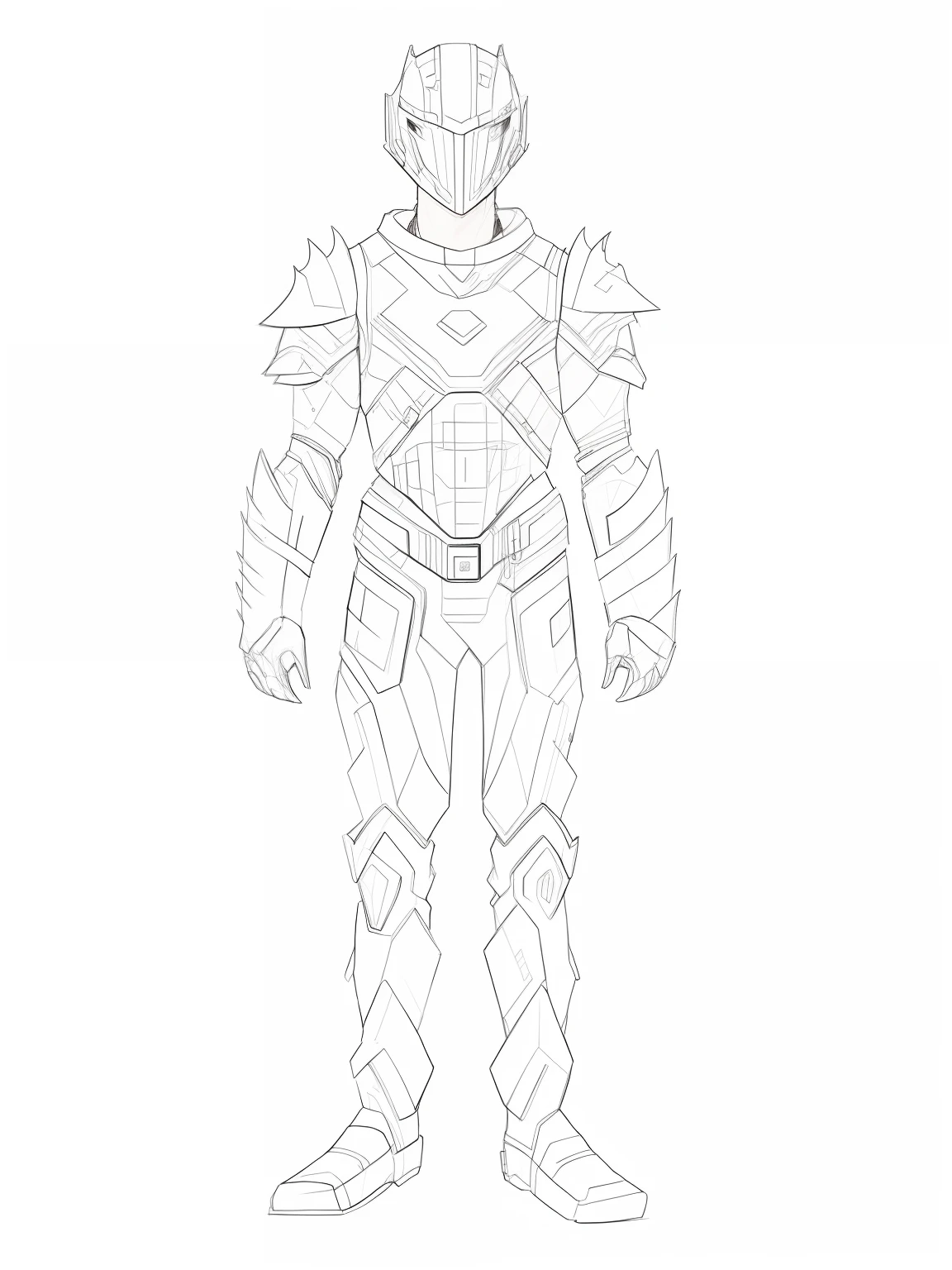 A drawing of a man in armor standing with his hands on his hips, full body concept, detailed full-body concept, clear outfit design, Concept armor, new costume concept design, Outline sketch, clean lineart, minimal design armor style, cybernetic flame armor, full body detailing, full body; Front view, detailed full body concept art, Full body character drawing
