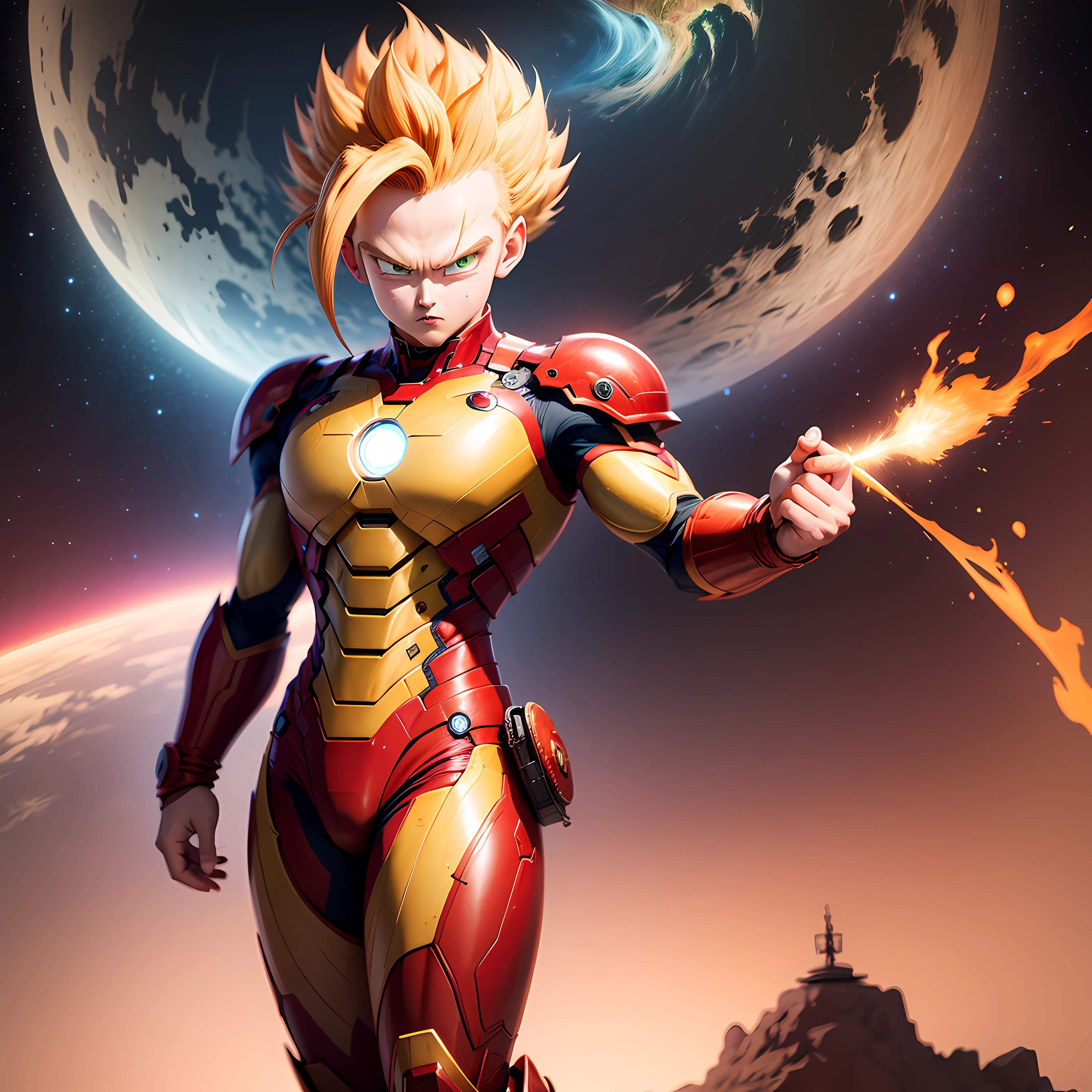 son Gohan super saiyan 3, masterpiece, best quality, ultra-detailed, looking at the viewer, earth \(planet\), planet, space, iron man armor