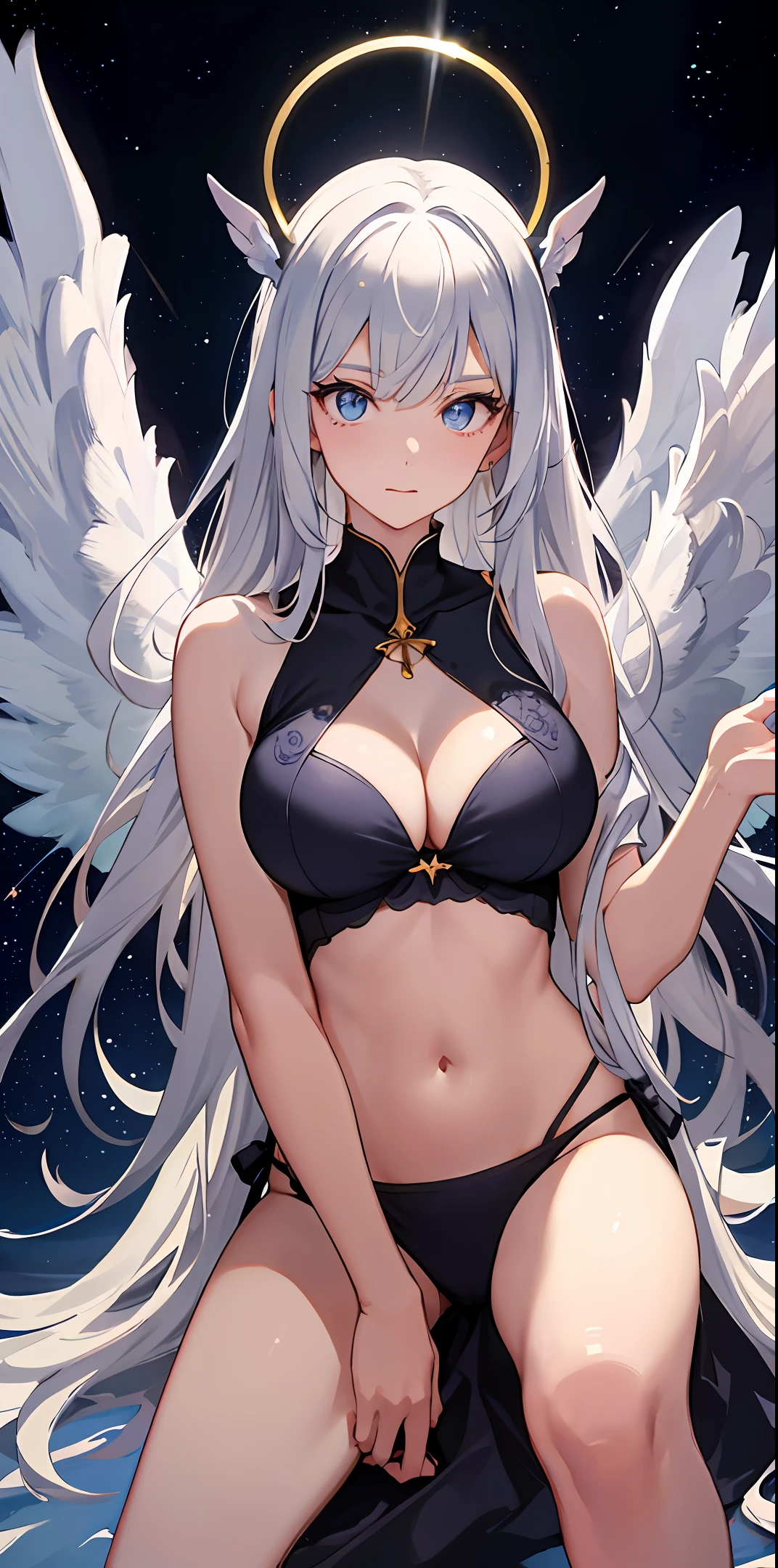 （tmasterpiece）， （best qualtiy：1.4）， absurderes， [：intricately details：0.2]， angelicales， the angel's wings， galactic， Skysky， A flashing halo， Strong focus， Crackling energy， Mysterious symbol，Lori huge breasts cleavage，adolable，largeeyes。